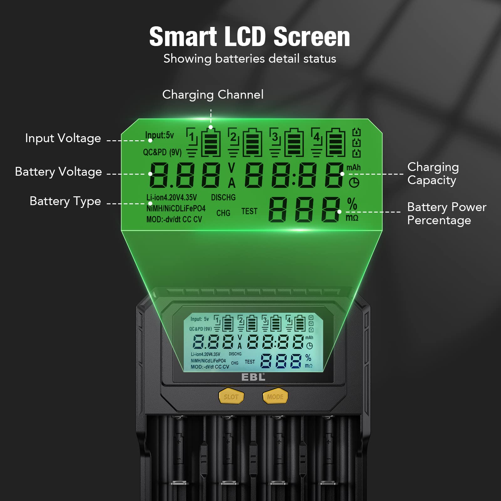 EBL PD4 Universal Battery Charger for 18650 Li-ion Batteries - Fast Charging, LCD Display - Perfect for Flashlights, Vapes, and Electronic Devices