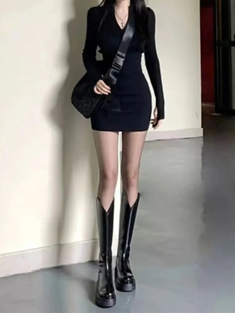 Women's Autumn Bodycon Wrap Slim Sheath Mini Dress - Retro Vintage Long Sleeve Knit Dress with O-Neck | Perfect for Fall Dates, Office Wear & Holiday Parties