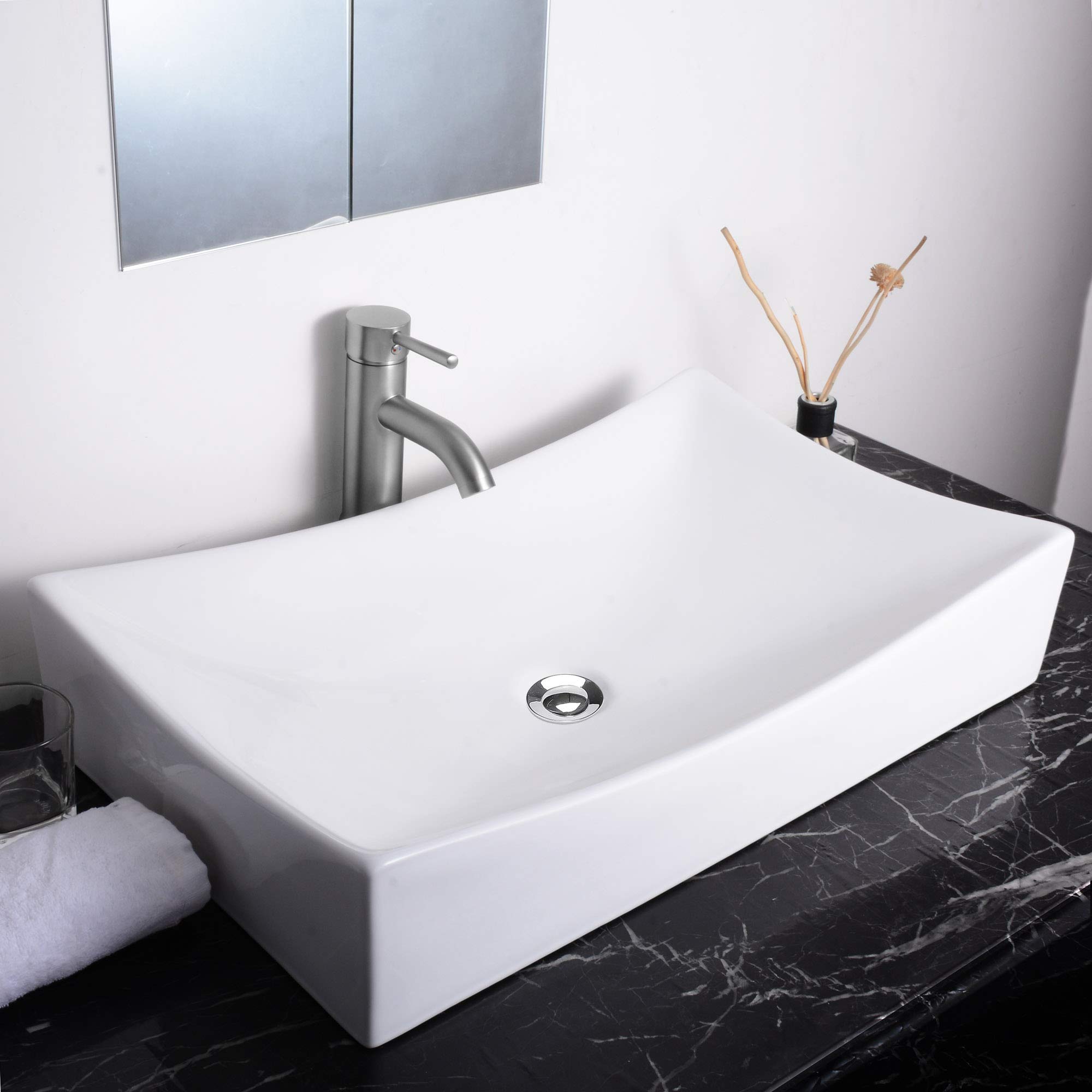 26x15 Inch White Porcelain Rectangle Vessel Sink with Pop-Up Drain - Modern Above Counter Bathroom Sink for Vanity & Powder Room | Durable Ceramic Design