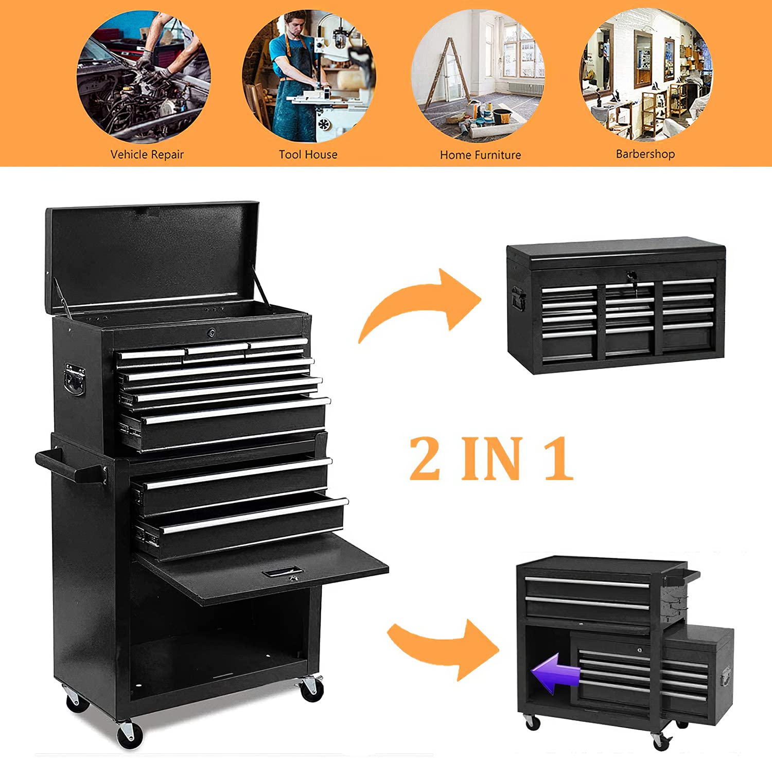 8-Drawer Rolling Tool Chest Organizer - Heavy Duty Tool Storage Cabinet with Lock & Wheels, Portable Tool Box for Garage, Workshop, Warehouse, Auto Repair & DIY Projects (Black)