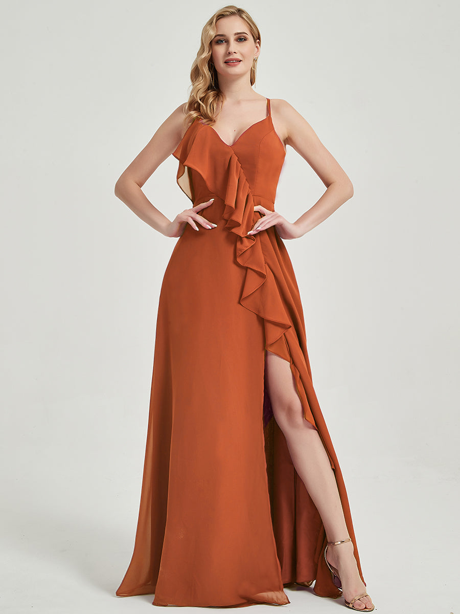 Elegant Blush Pink Criss Cross Straps Ruffled Chiffon Maxi Dress for Bridesmaids - Perfect for Weddings, Parties & Formal Events