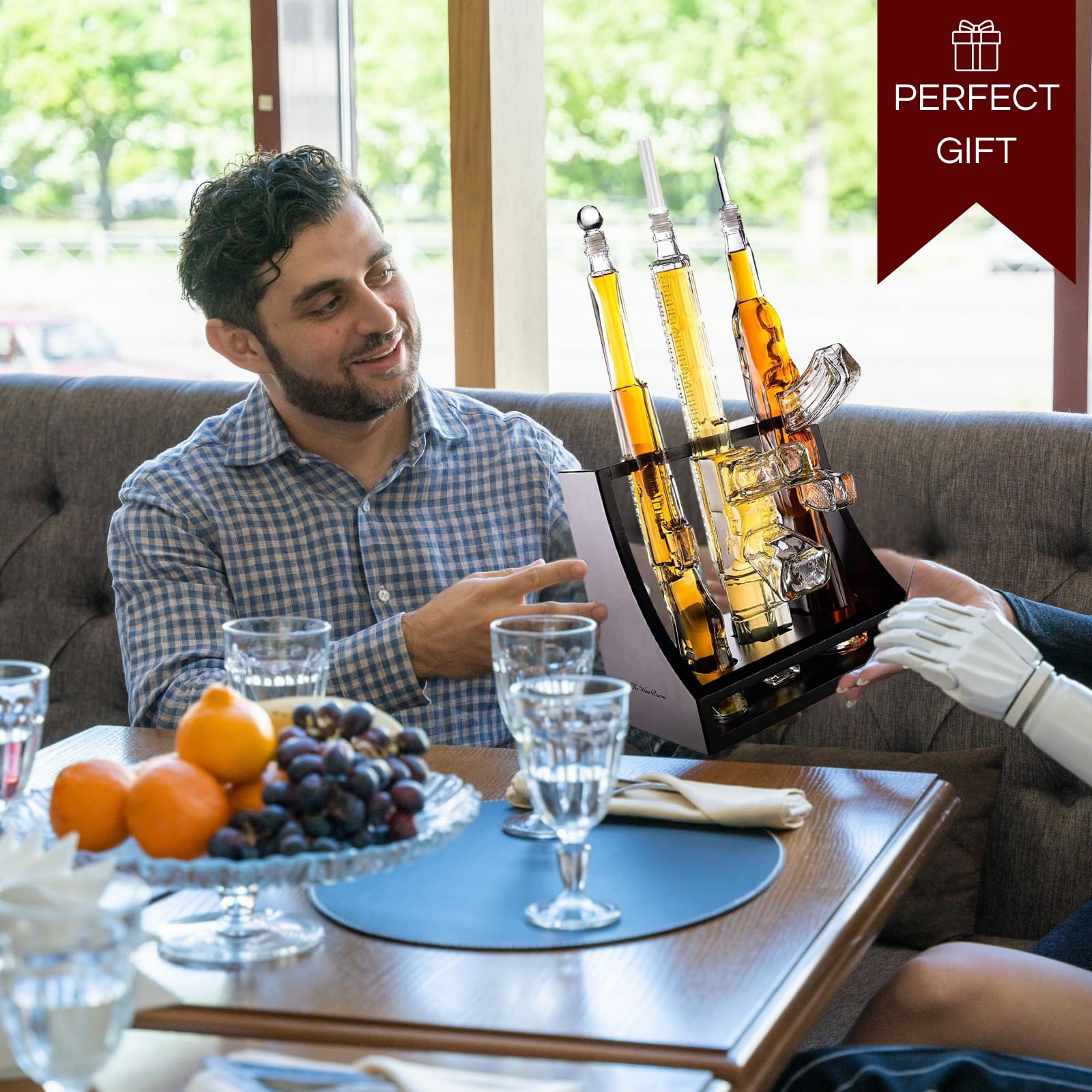AR15 AK47 Rifle Whiskey Decanter Set with Display Rack - 3 Piece Gun Shaped Liquor Dispenser for Home Bar | Unique Gifts for Men, Dad, Husband, Veterans & Military | Perfect for Birthday, Anniversary & Whiskey Enthusiasts