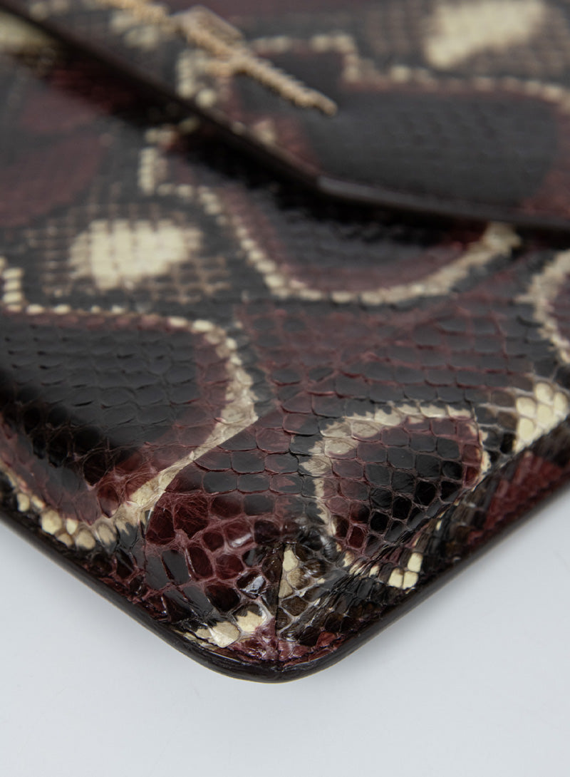 Salvatore Ferragamo Bordeaux Python Effect Clutch Purse - Elegant Evening Bag for Women, Perfect for Parties, Weddings & Special Occasions