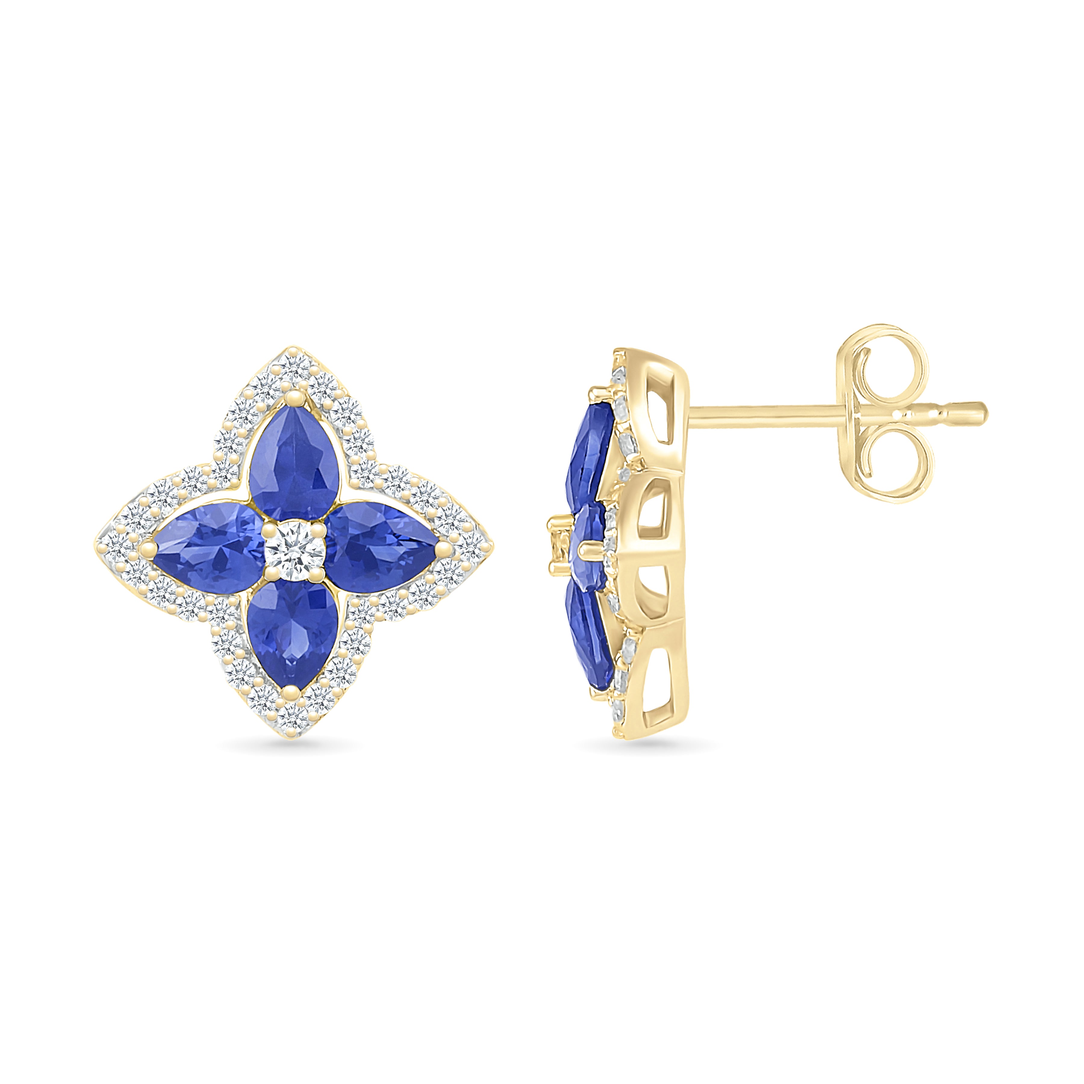 10k Yellow Gold Blue Sapphire Clover Stud Earrings with White Sapphire Halo - Elegant Irish Jewelry for Women, Perfect for St. Patrick's Day Gifts, Anniversary & Birthday Presents