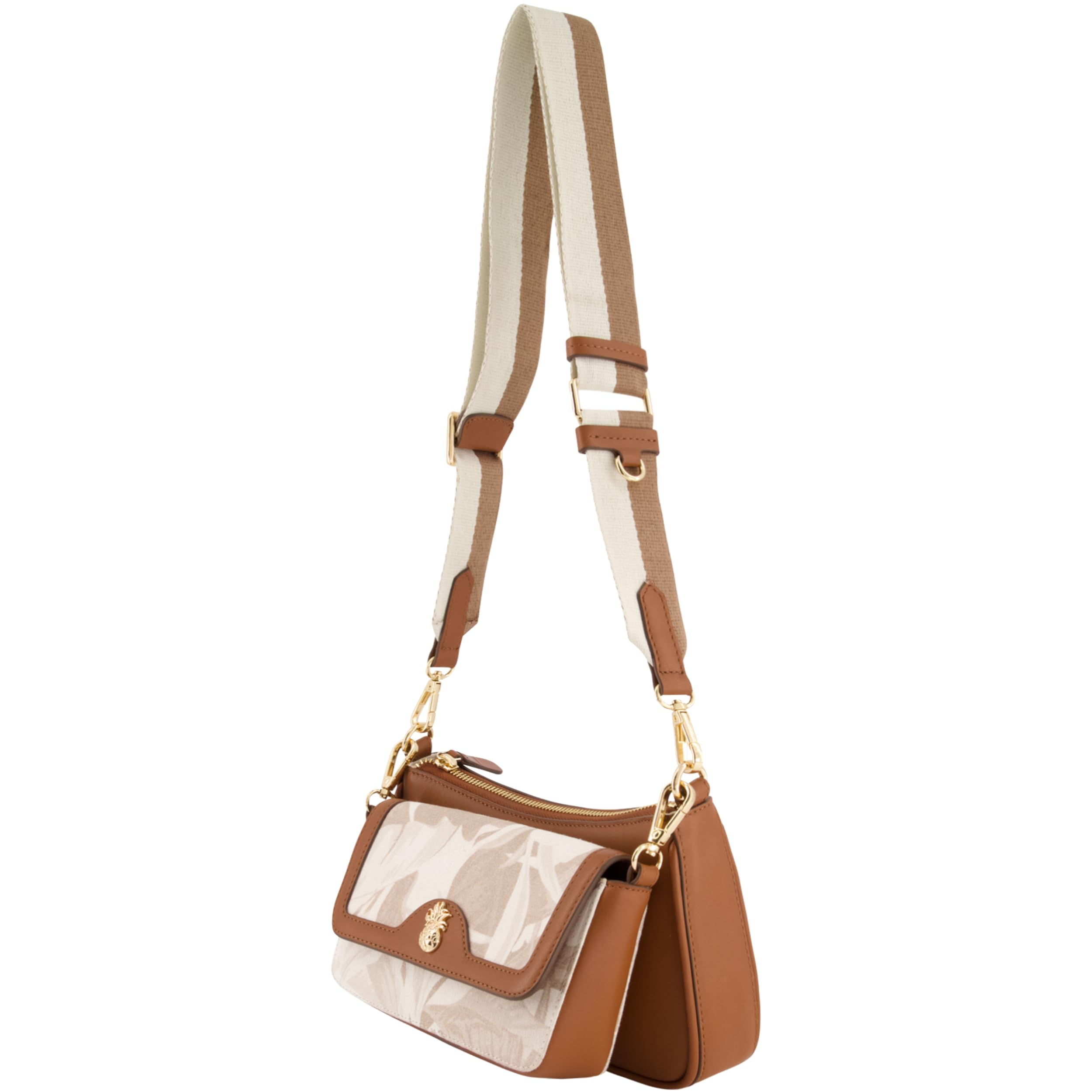 Tommy Bahama Women's Small Double Crossbody Bag - Adjustable Strap Leather Trim Shoulder Handbag Purse for Travel, Shopping & Everyday Use