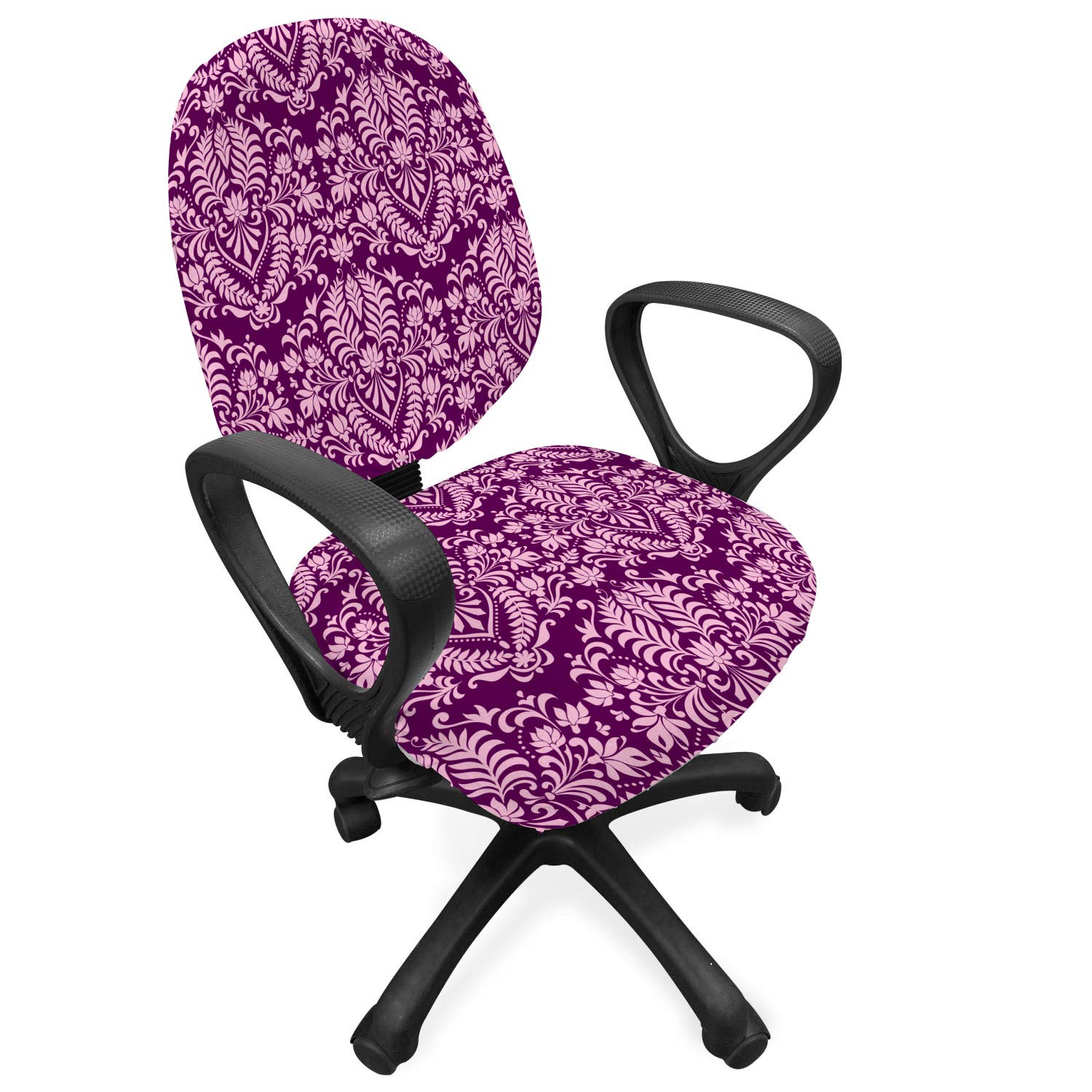 Ambesonne Victorian Office Chair Slipcover - Floral Damask Pattern with Scrolling Branches & Leaves, Rococo Style Stretch Fabric Cover, Standard Size in Purple & Pale Pink | Perfect for Home Office, Study Room & Vintage Decor