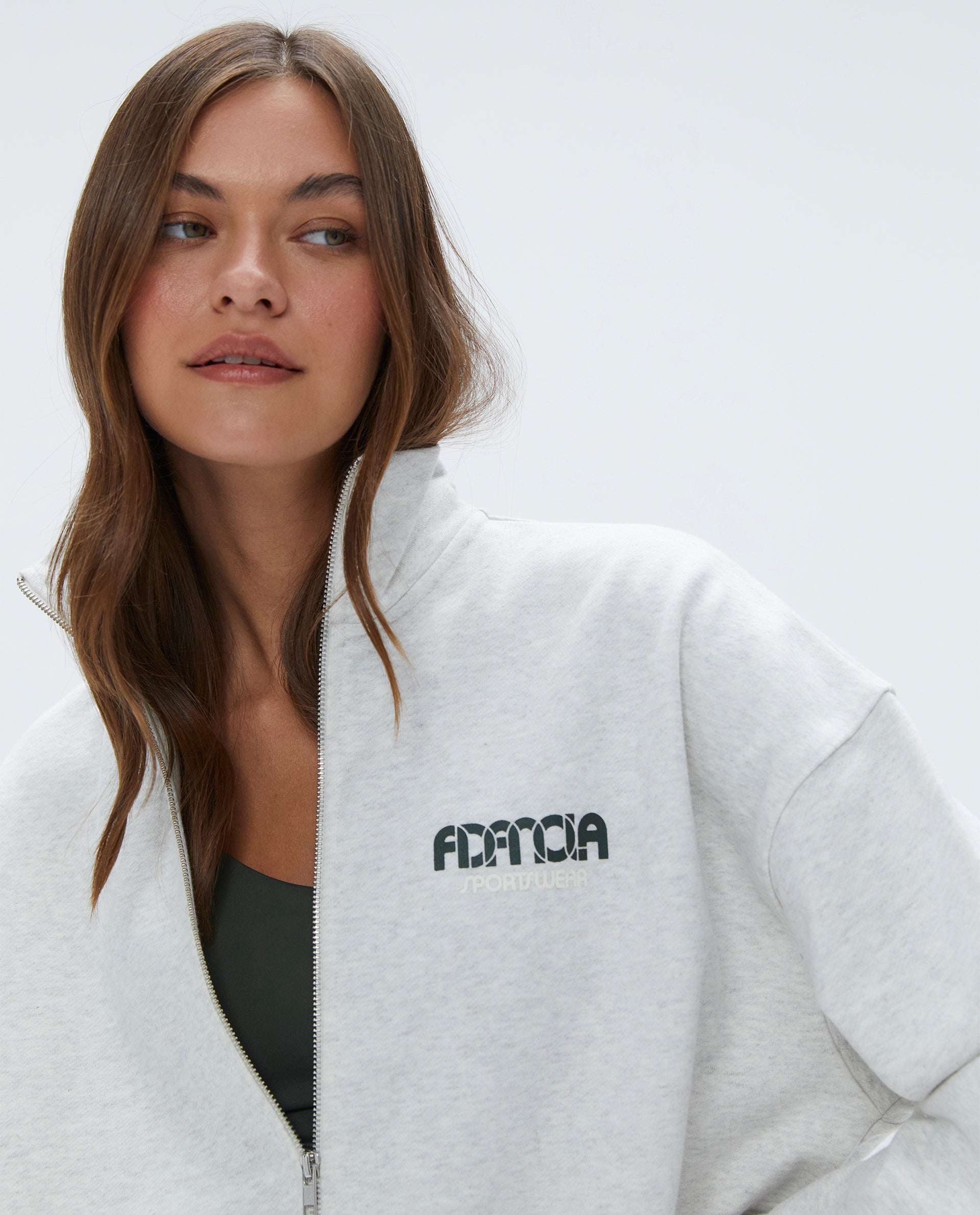 Oversized Full Zip Funnel Neck Sweatshirt - Light Grey Melange & Dark Olive | Women's Sportswear Hoodie for Gym, Running & Casual Wear