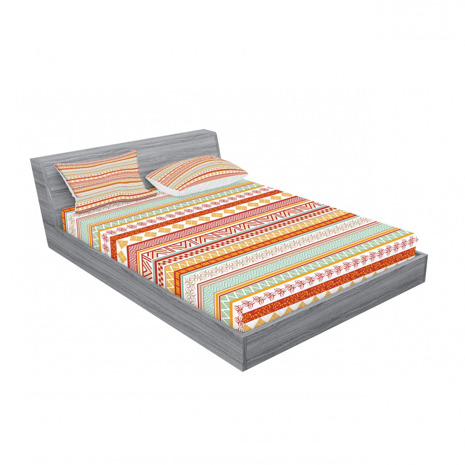Ambesonne Tribal 2-Piece Queen Size Fitted Sheet Set with 4 Pillow Shams - Striped Bohemian Bedding in Marigold Red & Tan - Perfect for Guest Rooms, Dorm Decor & Bohemian Style Bedrooms