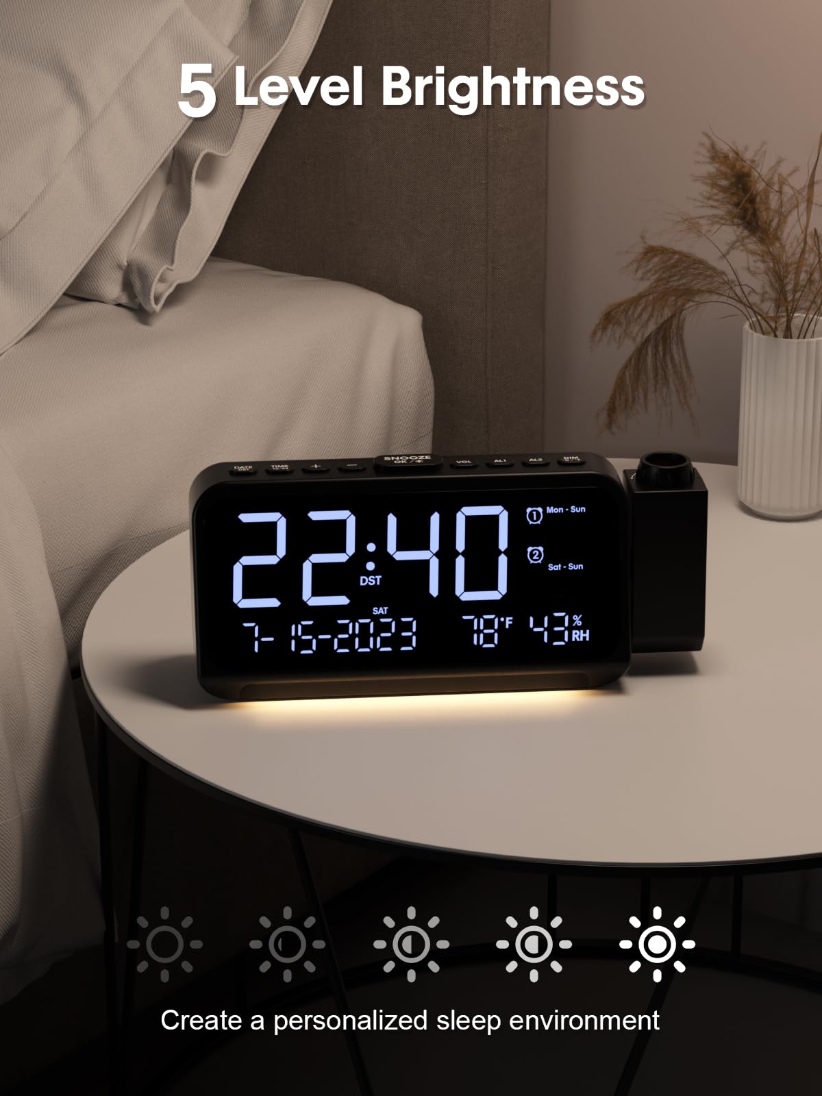 ROCAM Digital Projection Alarm Clock with 180° Ceiling/Wall Display - Dual Alarm, Temperature & Humidity Sensor, 2 USB Ports, Adjustable Brightness for Bedrooms | Perfect for Home, Office, Dorm Room with Weekday/Weekend Mode & Snooze Function