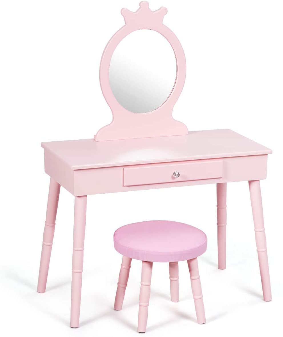 Firflowery Princess Vanity Set for Girls Ages 3+ - Pink & White Kids Dressing Table with Mirror, Detachable Top & Matching Stool - Perfect for Pretend Play, Birthday Gifts & Bedroom Decor