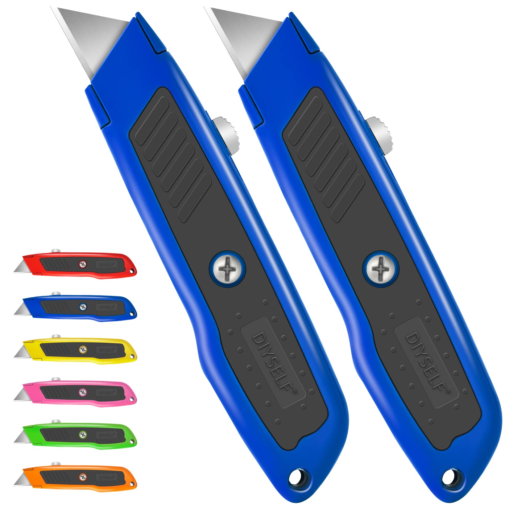 DIYSELF 2 Pack Heavy Duty Retractable Utility Knife - Aluminum Box Cutter for Construction, Carpet, Cardboard & Carton - Sharp Razor Knife for Work, Paper & Package Opening (Blue) - Perfect for Warehouse, Shipping & Home Use