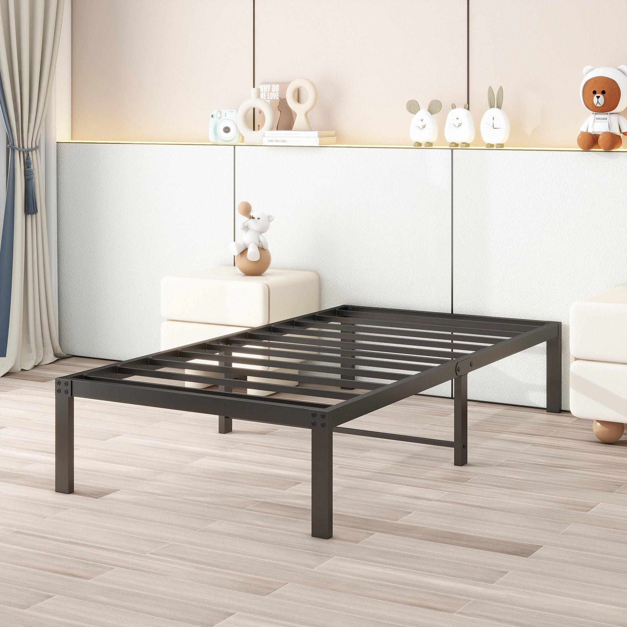 14 Inch Twin Bed Frame - Heavy Duty Metal Platform Bed with Storage, No Box Spring Needed, Double Reinforcement & Noise Free - Textured Black - Perfect for Kids, Teens, Guest Rooms & Small Spaces