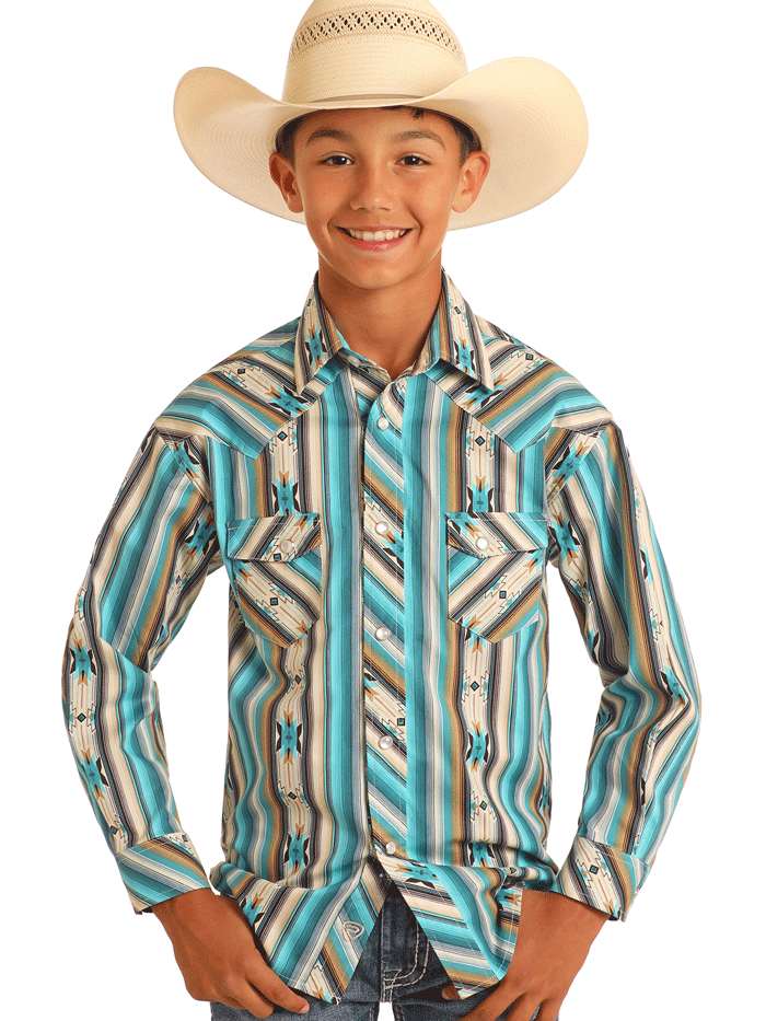 Rock & Roll Denim BBN2S05855 Kids Long Sleeve Aztec Print Shirt Turquoise - Stylish Casual Wear for Boys & Girls, Perfect for School, Parties & Family Outings
