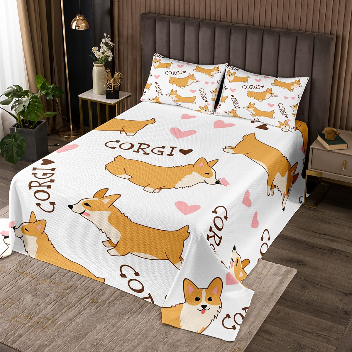 Erosebridal Corgi Dog Bedspread Set - Queen Size Cute Puppy Cartoon Bedding with 2 Pillowcases, Happy Farm Animal Love Pattern Quilted Coverlet in White - Perfect for Pet Lovers' Bedroom Decor and Cozy Farmhouse Style Homes
