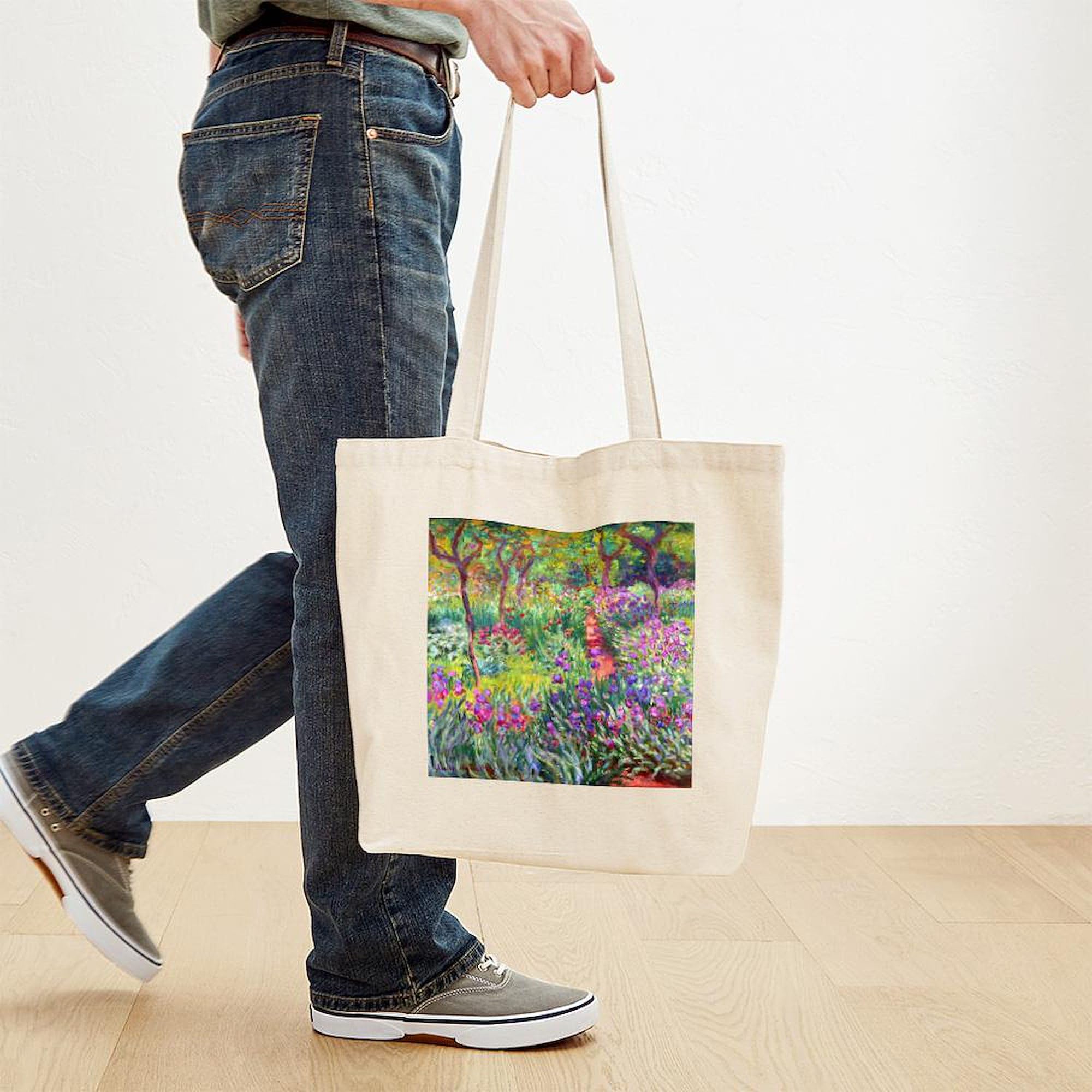Claude Monet Iris Garden Tote Bag - Natural Canvas Reusable Shopping Bag for Women, Eco-Friendly Grocery Tote for Farmers Market, Beach & Daily Use