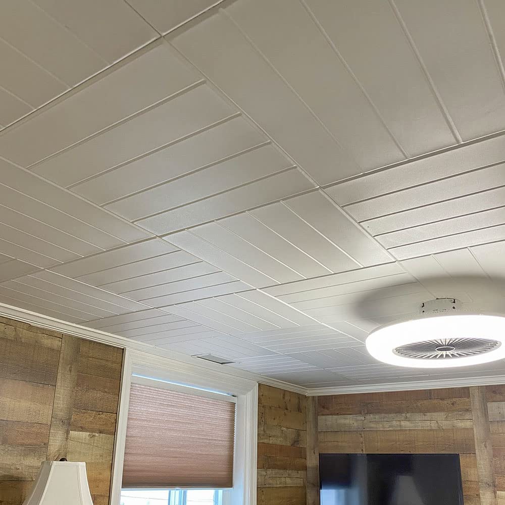 A La Maison R104 Bead Board Foam Glue-Up Ceiling Tile - 48 Pack (128 sq. ft./Case), White - Easy DIY Installation for Home, Office & Commercial Spaces