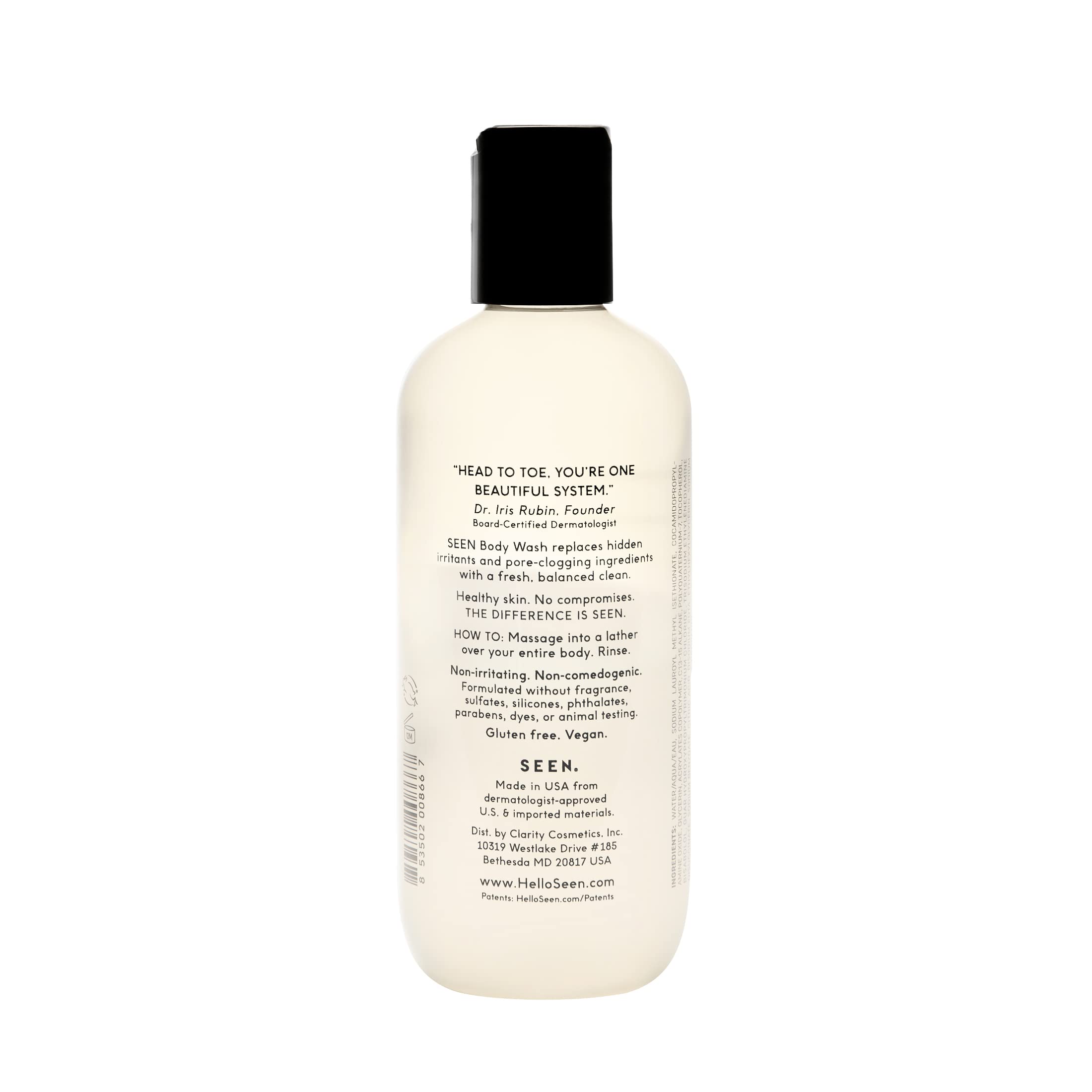 SEEN Fragrance-Free Body Wash - Non-Comedogenic & Dermatologist-Developed for Sensitive, Eczema & Acne-Prone Skin - Gentle Daily Cleanser for Men & Women - Perfect for Shower & Bath Routine
