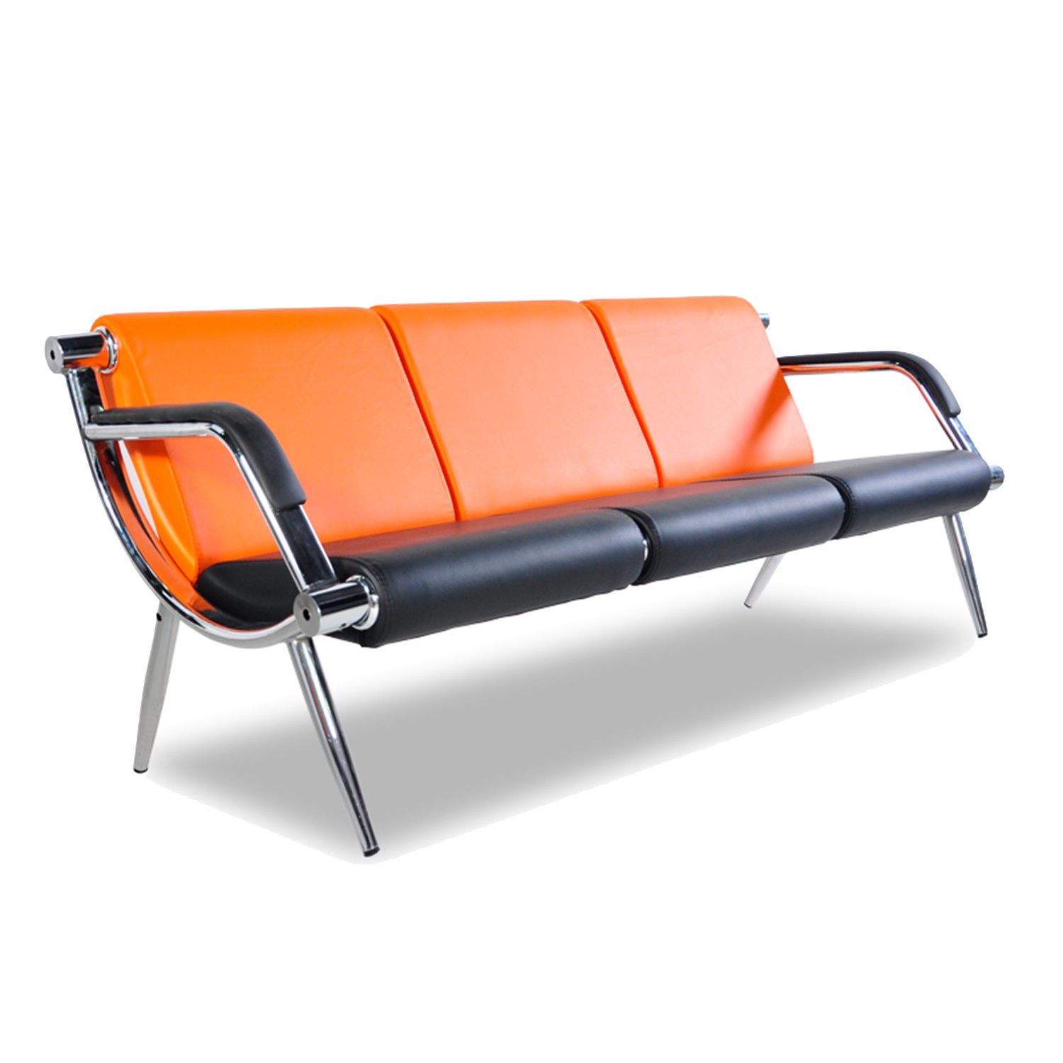3-Seat Waiting Room Bench with Armrests - Orange & Black PU Leather Office Furniture for Lobby, Conference, Reception - Durable Guest Seating Sofa for Office, Airport, Clinic, Hospital, Bank, Salon, Barber Shop - Comfortable Visitor Chairs for High-Traffic Areas