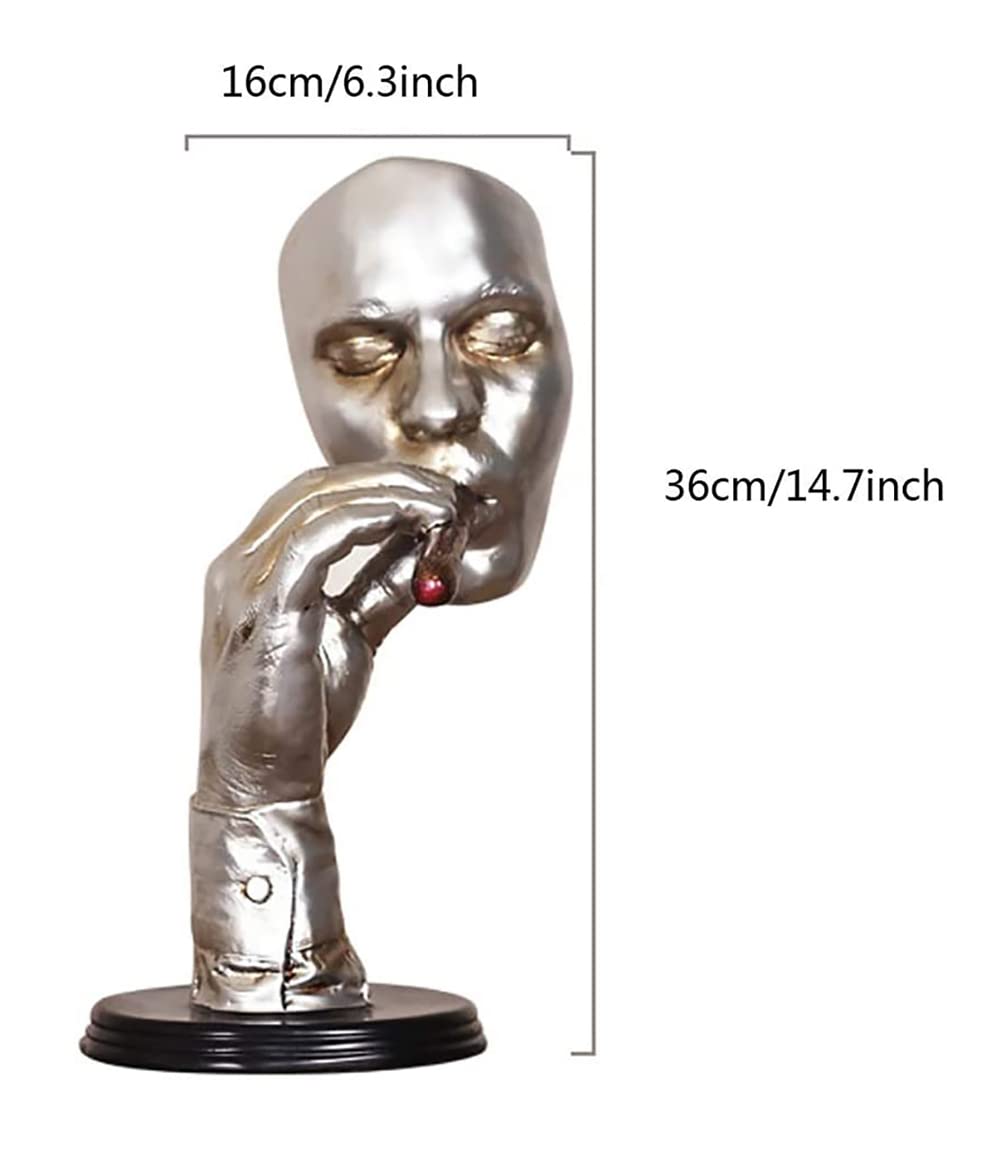 Abstract Face Sculpture Statue - Modern Art Desk Decor with Smoking Cigar Design - Silver Finish Figurine for Home Office, Halloween Party Decor & Unique Gift Idea