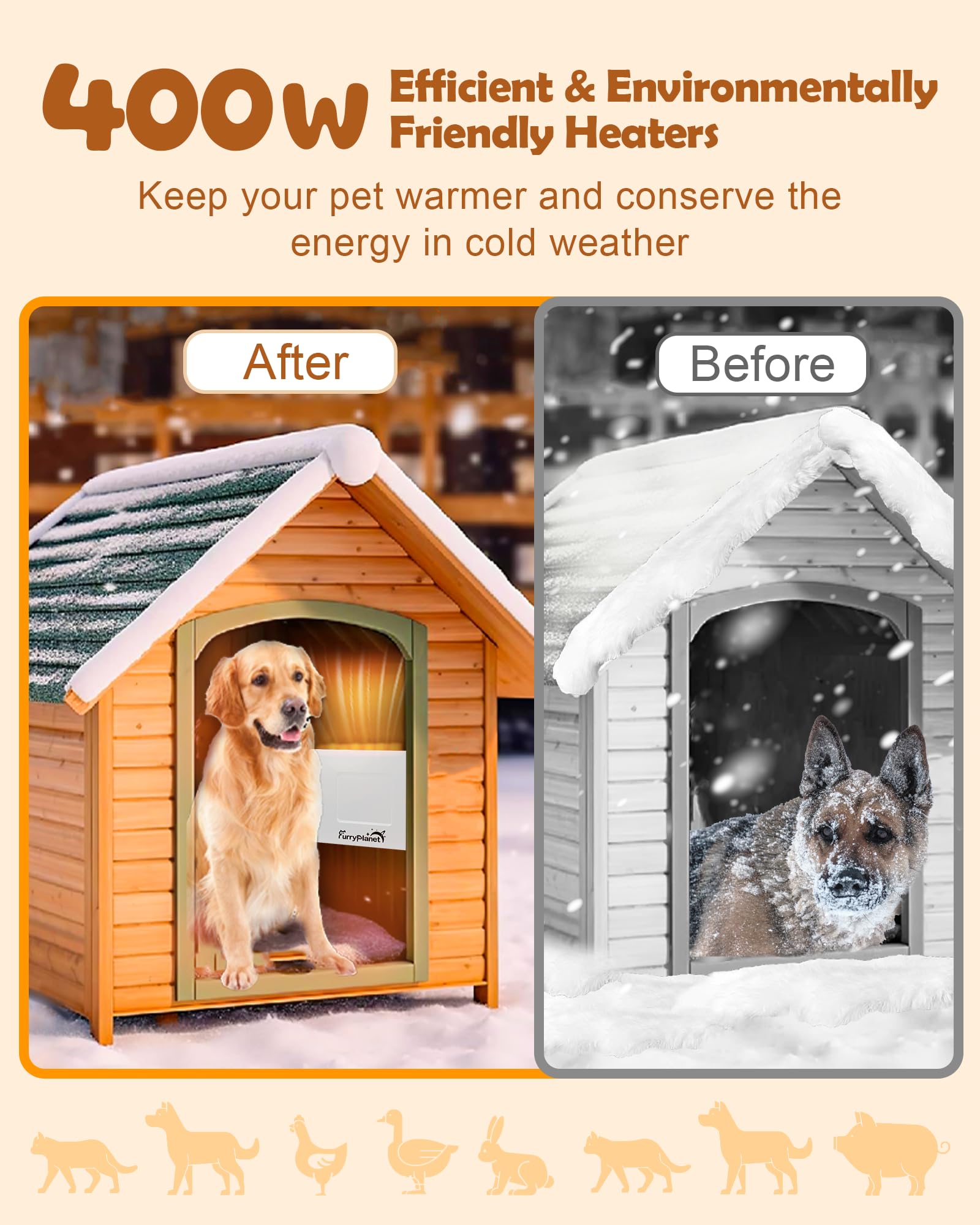 400W Dog House Heater with Thermostat - Adjustable Temperature Outdoor Pet Heater for Dogs & Cats - 6.5FT Chew Proof Cord & Overheat Protection - Perfect for Winter Dog Houses, Chicken Coops & Outdoor Shelters (White)