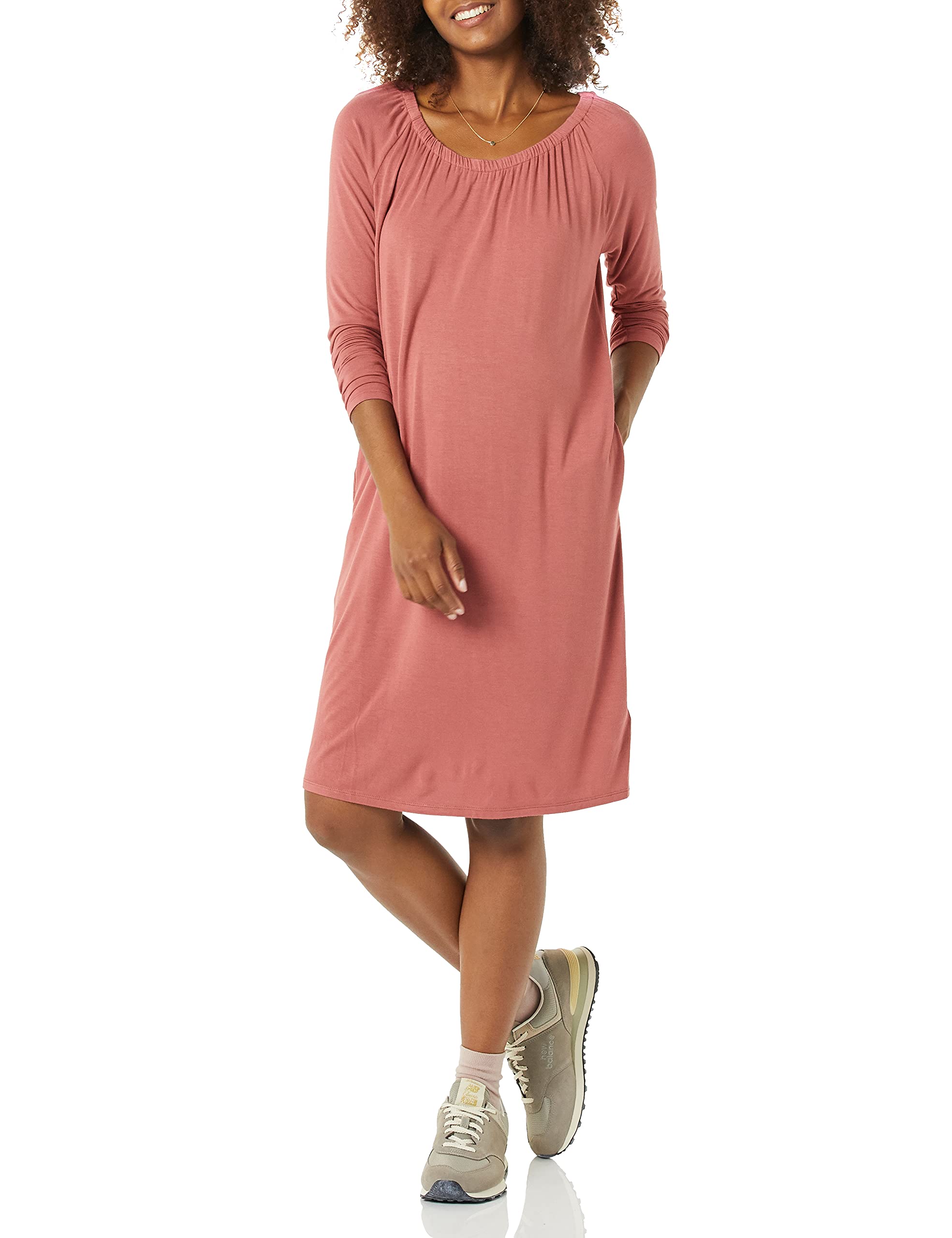 Amazon Essentials Women's Gathered Neckline Maternity Dress - Comfortable Stretchy Pregnancy Clothes for Work, Baby Shower & Everyday Wear