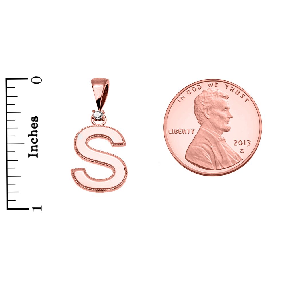 14K Rose Gold High Polish Milgrain Solitaire Diamond S Initial Pendant Necklace for Women - Elegant Personalized Jewelry Gift for Birthday, Anniversary & Valentine's Day