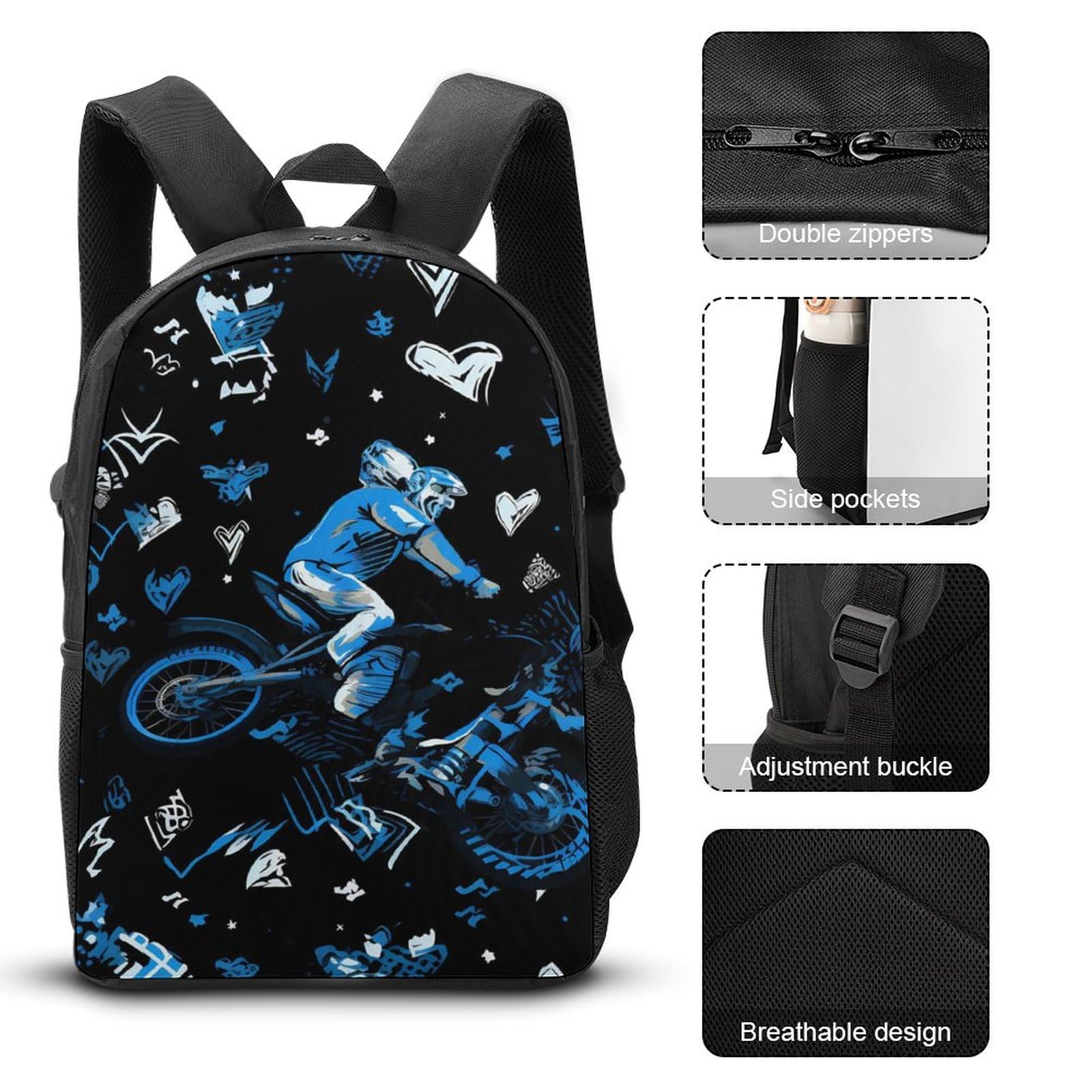 3Pcs Motorcycle Backpack Set - 17 Inch Laptop Backpack, Travel Daypack with Lunch Box & Pencil Case for Commuting, School & Outdoor Adventures