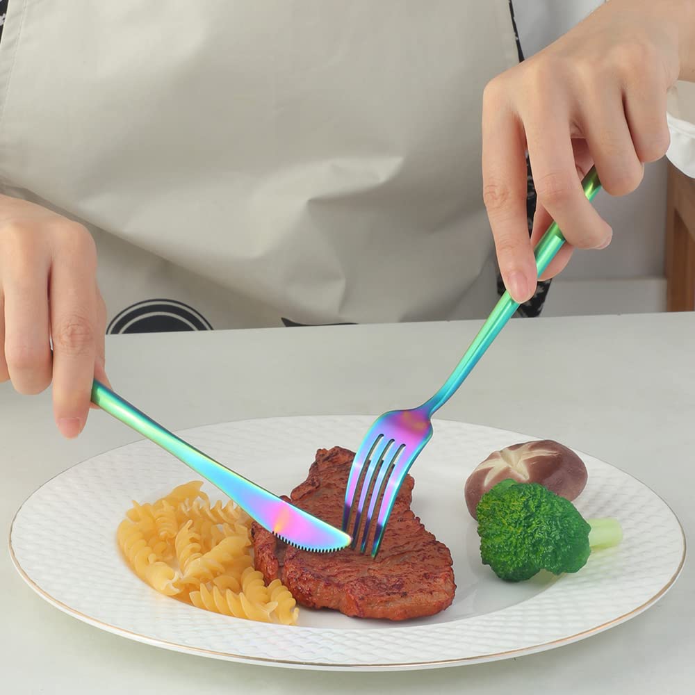 Buyer Star 16-Piece Rainbow Silverware Set - Stainless Steel Flatware with Iridescent Utensils, Knives, Forks & Spoons - Includes 2 Salad Plates - Dishwasher Safe Colorful Cutlery Set for Kitchen, Dining, Parties & Gift Giving