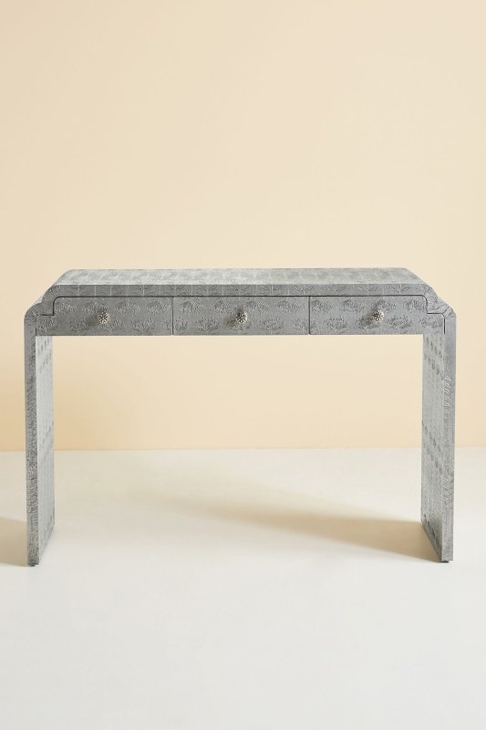 Hand Embossed Lotus Console Table with Storage - Elegant Entryway Table for Hallway, Living Room & Foyer Decor | Solid Wood Sofa Table with Drawers & Shelf