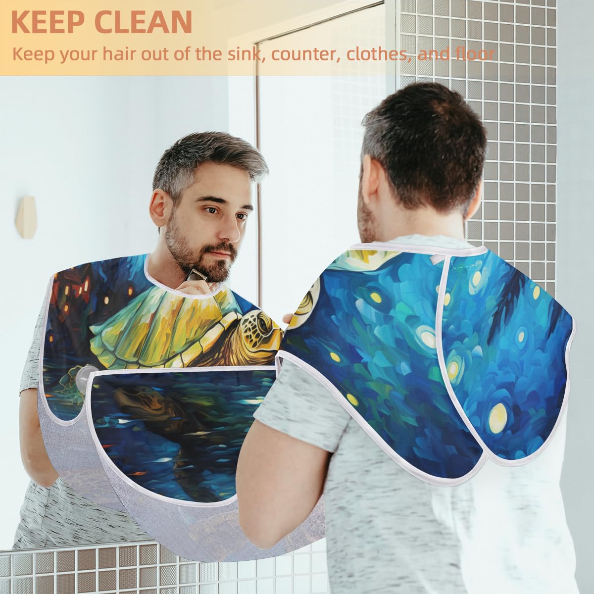 Turtle Oil Painting Beard Shaving Bib for Men - Waterproof Makeup & Hair Dye Apron for Artists & Barbers - Hair Cutting Cape & Sink Hair Catcher - Perfect Gift for Beard Trimming & Lineup Tools (Great for Salon, Home Grooming & Tattoo Shops)