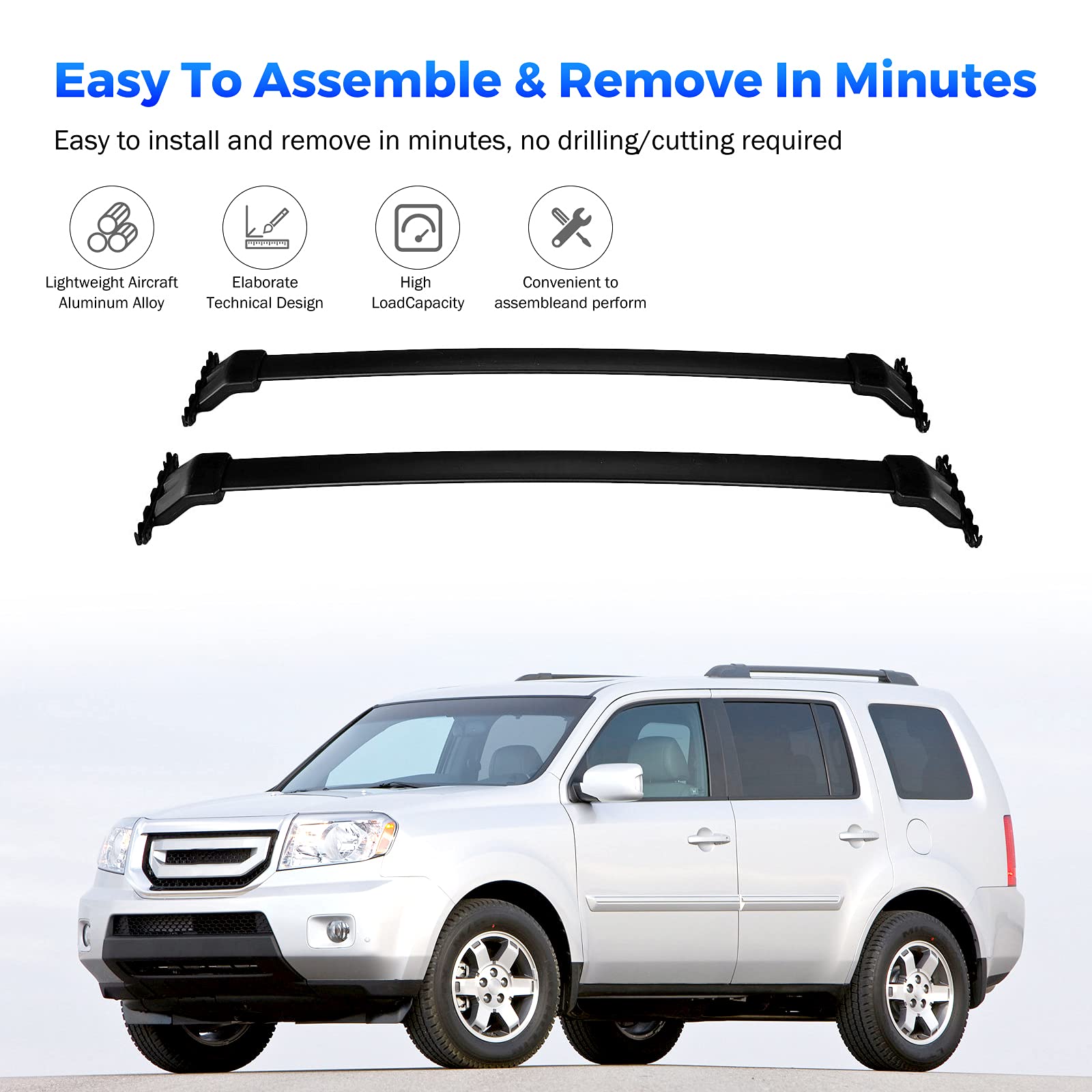 Honda Pilot 2009-2015 Roof Rack Cross Bars - Heavy Duty Aluminum Roof Rail Crossbars for Cargo Carrier, Luggage Rack, Snowboard, Canoe, Kayak & Bike - Perfect for Road Trips, Camping & Outdoor Adventures