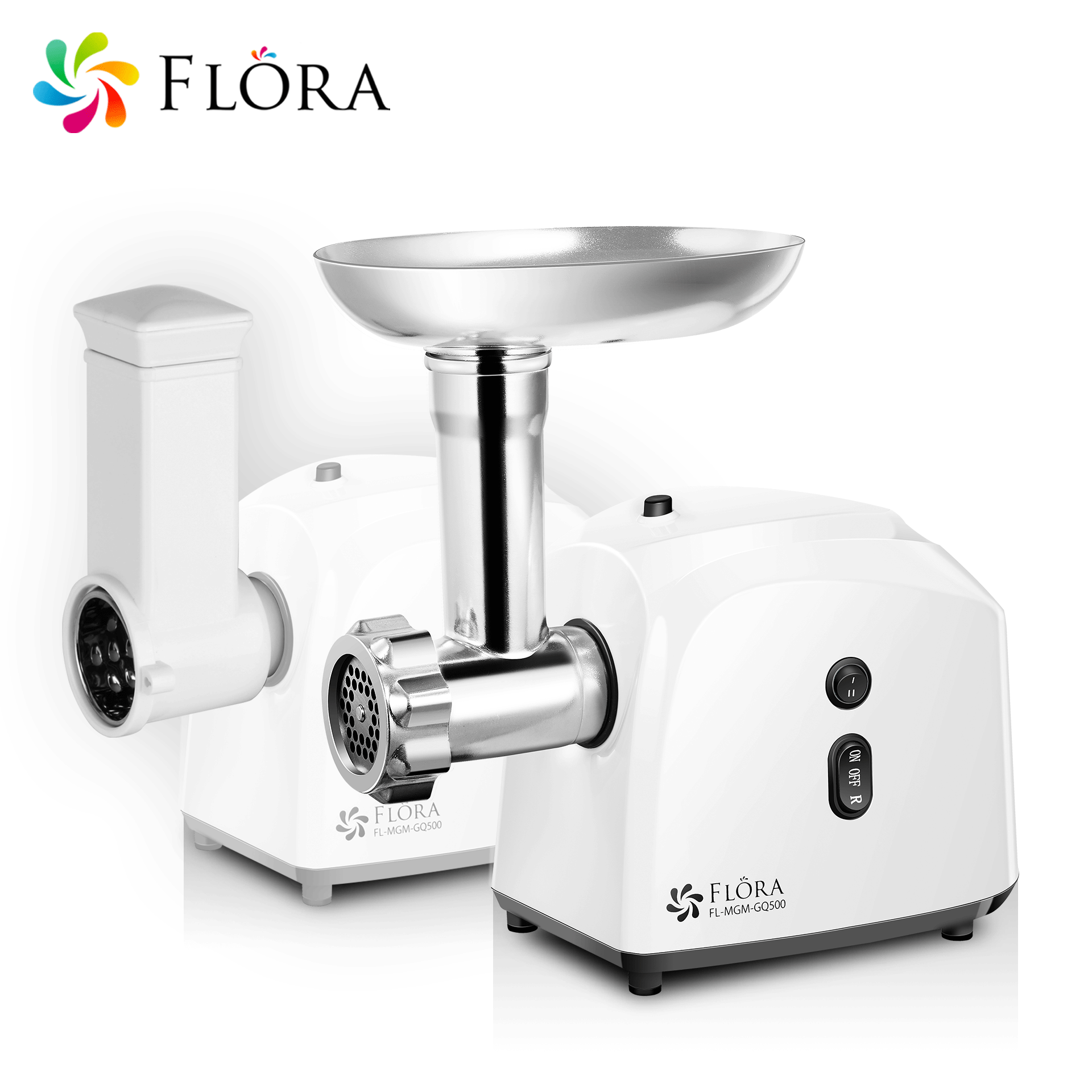 Premium Flora White Electric Meat Grinder & Slicer - 3-in-1 Mincer, Shredder & Sausage Stuffer Kit for Home Kitchen - Perfect for Ground Beef, Sausage Making & Food Prep