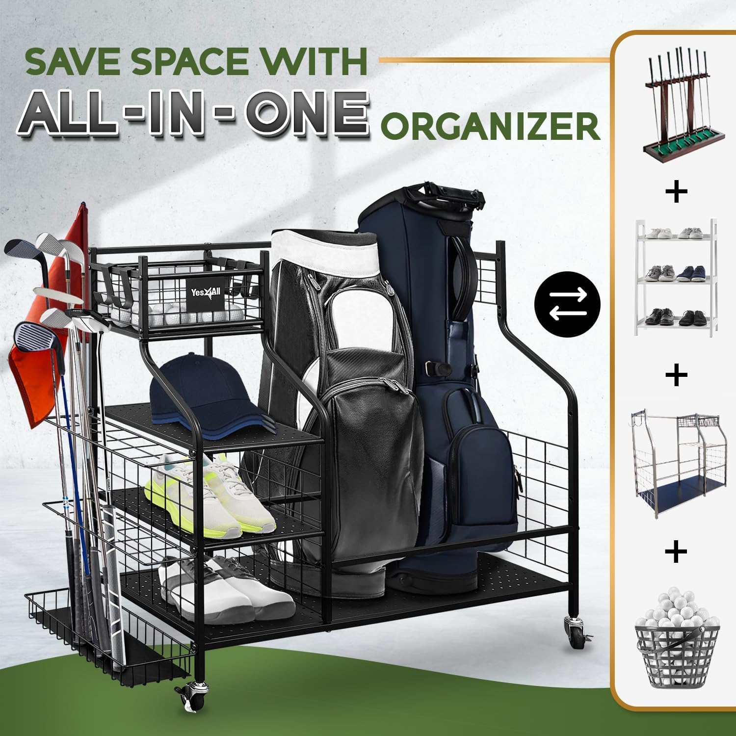 Yes4All Golf Storage Garage Organizer - Golf Bag Stand & Equipment Rack for Clubs | Heavy Duty Black Golf Gear Organizer | Perfect for Home, Garage & Club Storage