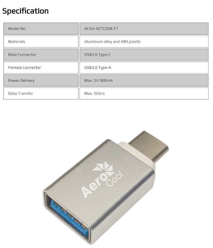AeroCool Slimline USB Type C to USB 3.0 Adapter Converter - Fast Data Transfer & Charging Compatible with MacBook, iPad, Samsung Galaxy - Perfect for Office, Travel & Home Use