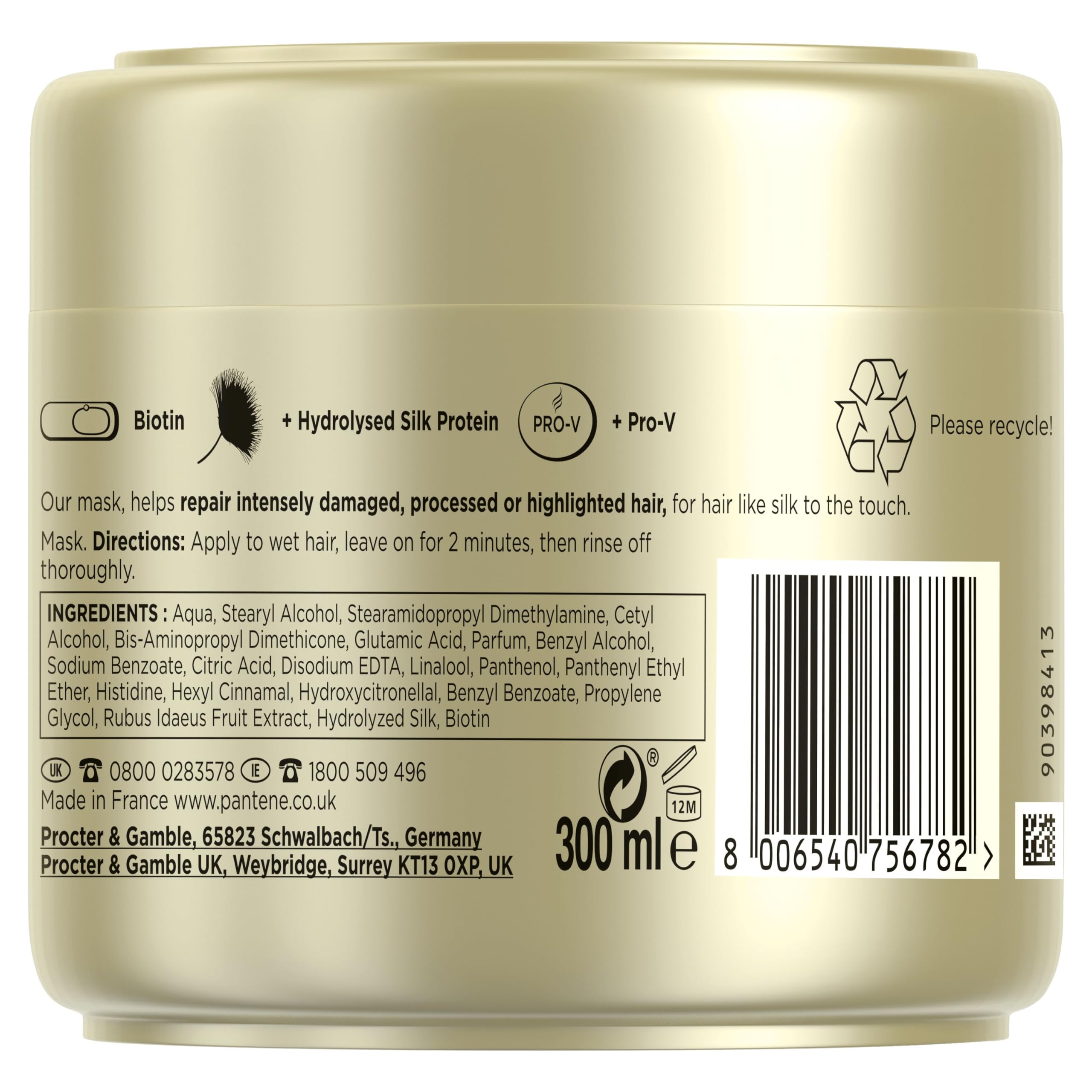 Pantene Hair Mask for Dry Damaged Hair - Intense Repair with Biotin & Hydrolyzed Silk Protein - 300ml Deep Conditioning Treatment for Silky Smooth Hair - Perfect for Post-Color, Heat Styling & Chemical Damage Recovery