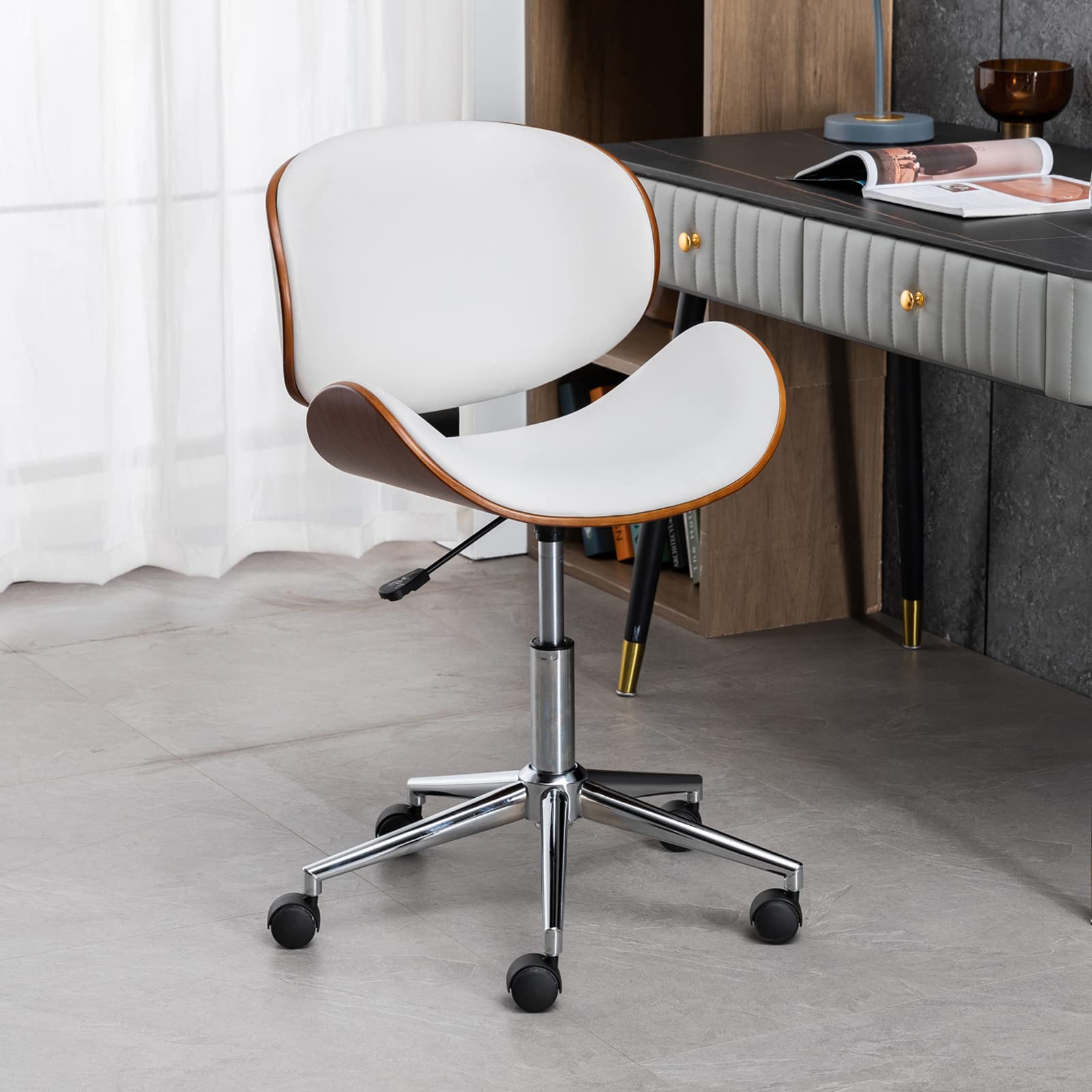OKAKOPA White Modern Office Chair - 360° Swivel, Height Adjustable Ergonomic Desk Chair with Wheels, Curved Wood Base & Leather Upholstery | Perfect for Home Office, Study Room & Small Workspaces