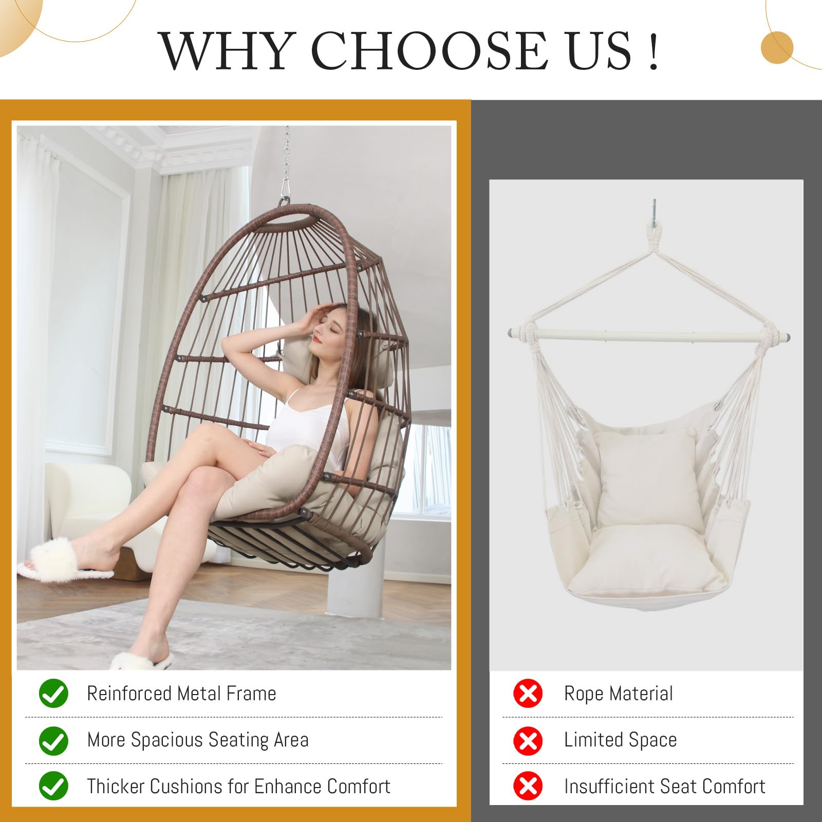 BULEXYARD 300lbs Capacity Hanging Egg Chair Without Stand - Brown Wicker Swing Chair with Beige Cushion for Indoor & Outdoor Use - Foldable Hammock for Patio, Porch, Balcony, Garden or Backyard - Perfect for Relaxing, Reading & Lounging
