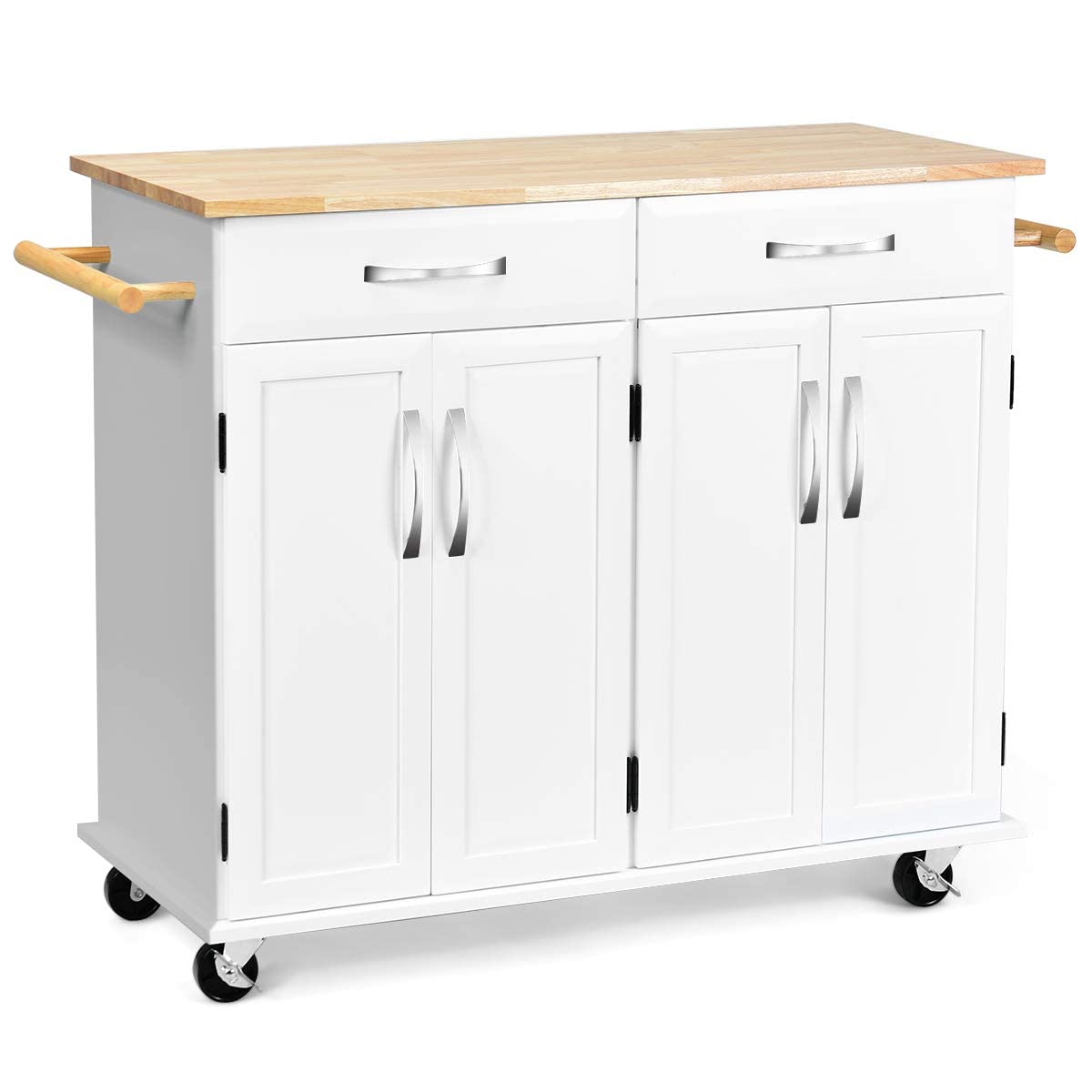 Casart White Kitchen Island Cart with Wood Top, 2 Drawers & Cabinets, Lockable Wheels - Mobile Kitchen Storage for Small Spaces, Dining Room, or Pantry Organization