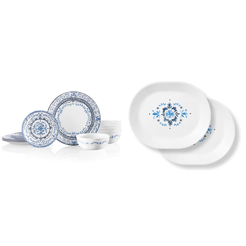 Corelle Portofino 18-Piece Round Dinnerware Set for 6 - Chip & Crack Resistant Triple-Layer Glass - Includes 2 Serving Platters | Perfect for Family Dinners, Entertaining Guests & Everyday Use