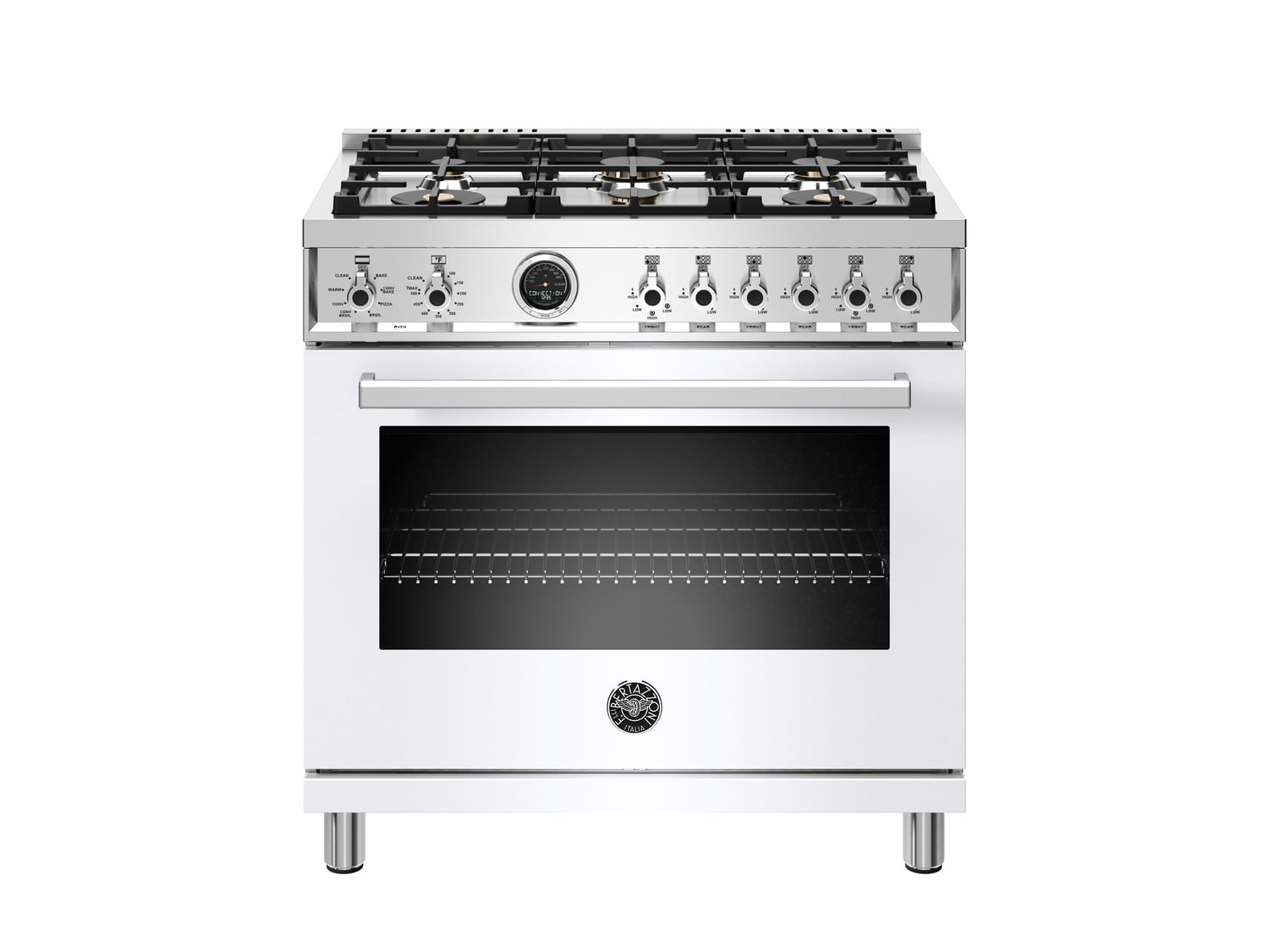 Bertazzoni PROF366DFSBIT 36 Inch Dual Fuel Range - 6 Brass Burners, Electric Self-Cleaning Oven in White | Perfect for Modern Kitchens & Professional Cooking