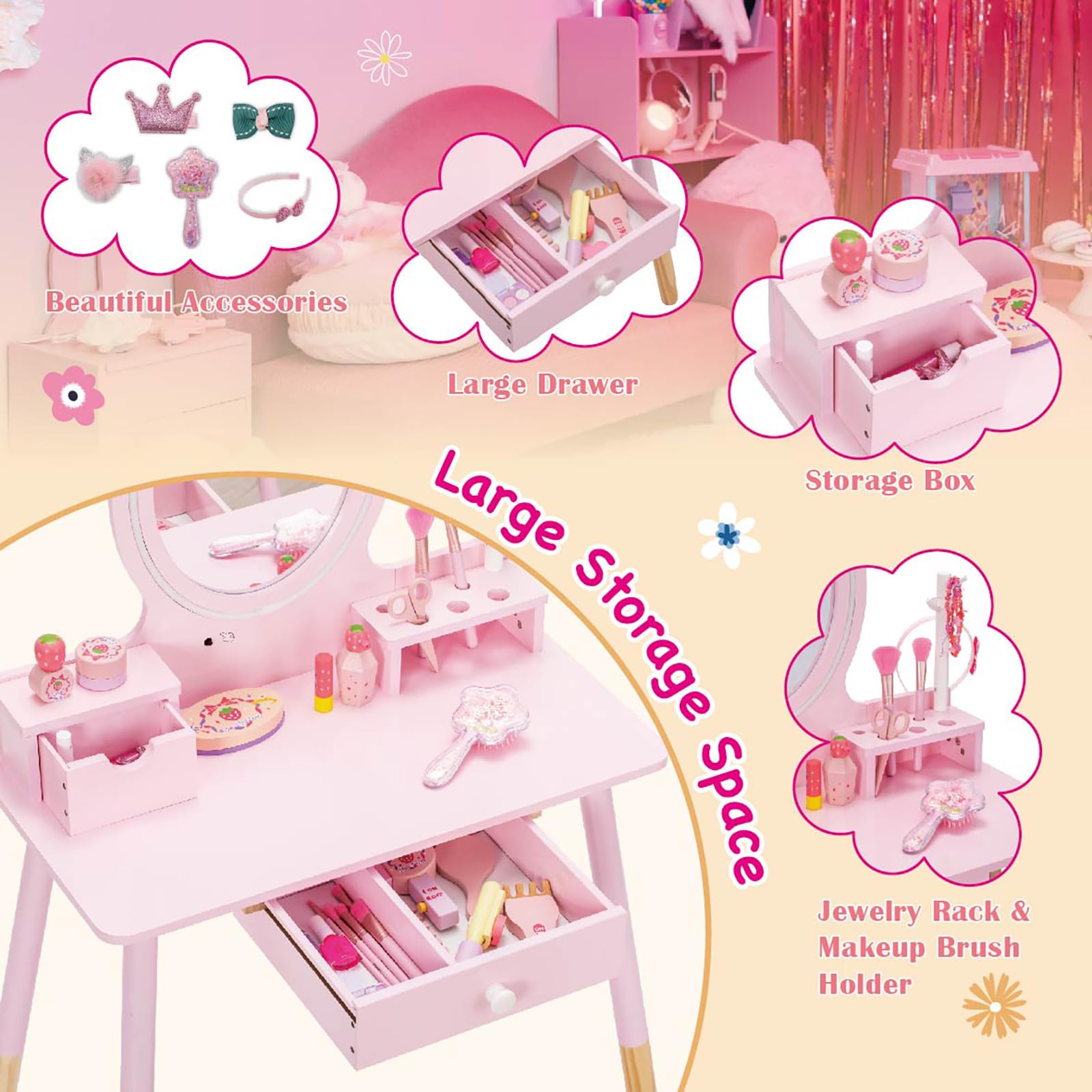 Wooden Princess Vanity Set with Table & Stool - Kids Makeup Dressing Desk with LED Lights, Mirror, Large Drawer & Jewelry Storage - 2-in-1 Pretend Play Set for Little Girls - Perfect for Bedroom Decor, Birthday Gifts & Role Play Activities