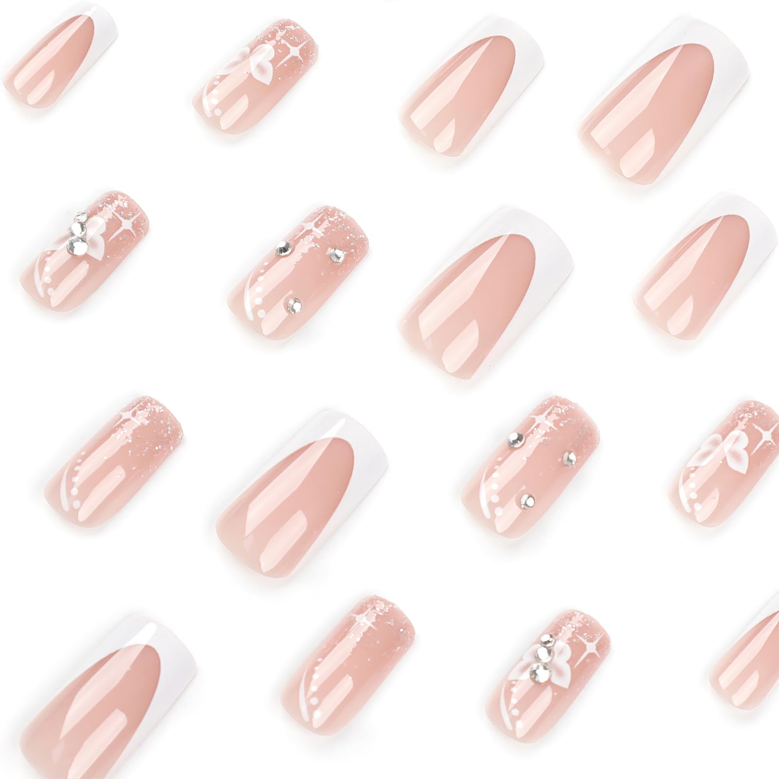 24Pcs French Tip Press on Fake Nails - Medium Square Glossy Full Cover False Nails with Butterfly Rhinestone Designs, Cute White French Manicure Glue on Nails for Women & Girls | Perfect for Parties, Weddings, Date Nights & Special Occasions