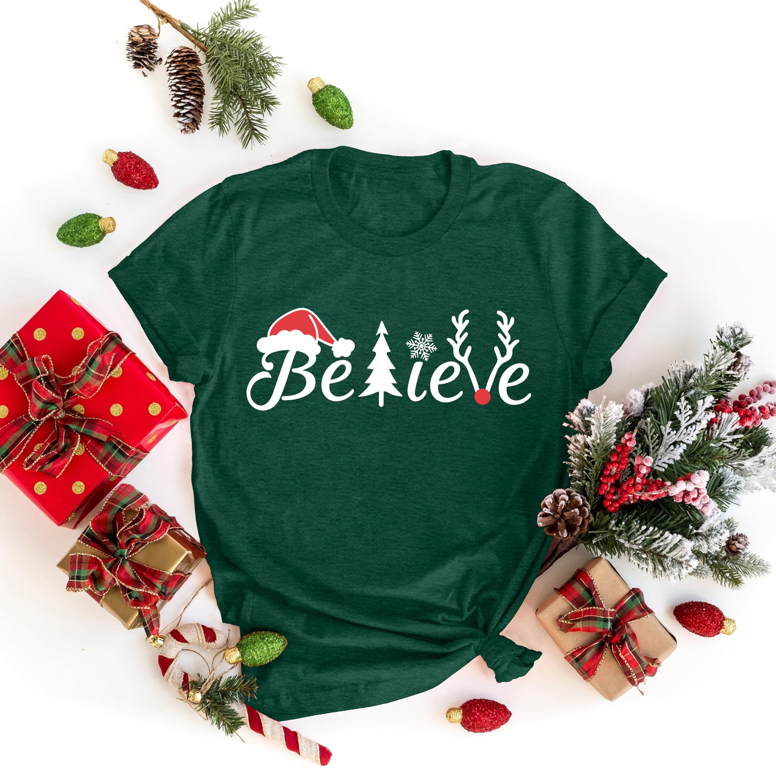 Believe Christmas T-Shirt for Women - Festive Holiday Tree Graphic Tee with Inspirational Letter Print | Perfect for Christmas Parties, Family Gatherings & Holiday Photos