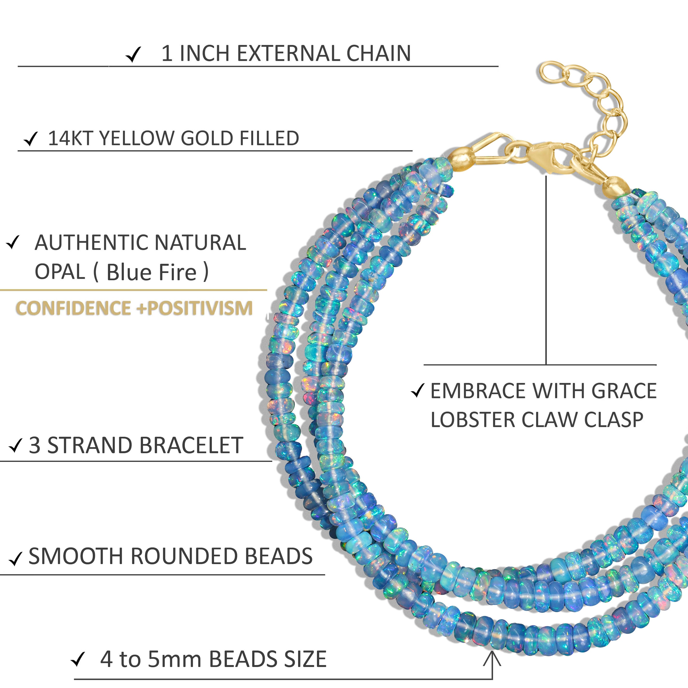 Natural Blue Opal 3-Strand Beaded Bracelet for Women - Handmade Boho Jewelry for Everyday Wear, Meditation & Special Occasions