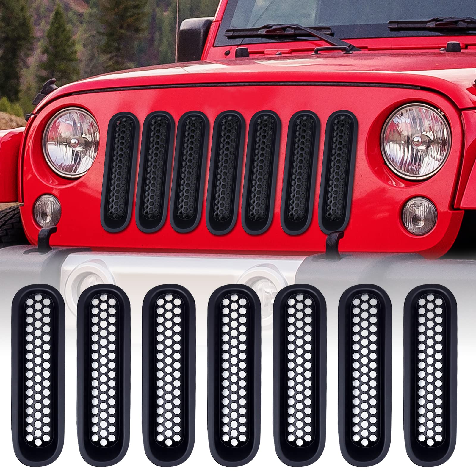 AggAuto Matte Black Grille Inserts for Jeep Wrangler JK & JKU (2007-2018) - 7-Piece Front Mesh Grill Cover Accessories | Off-Road Protection & Stylish Upgrade