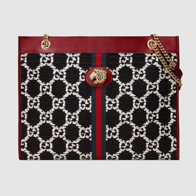 Gucci Rajah GG Tweed Large Tote Bag for Women - Black & White Checkered Pattern Designer Handbag - Perfect for Work, Travel & Everyday Luxury Fashion Accessory