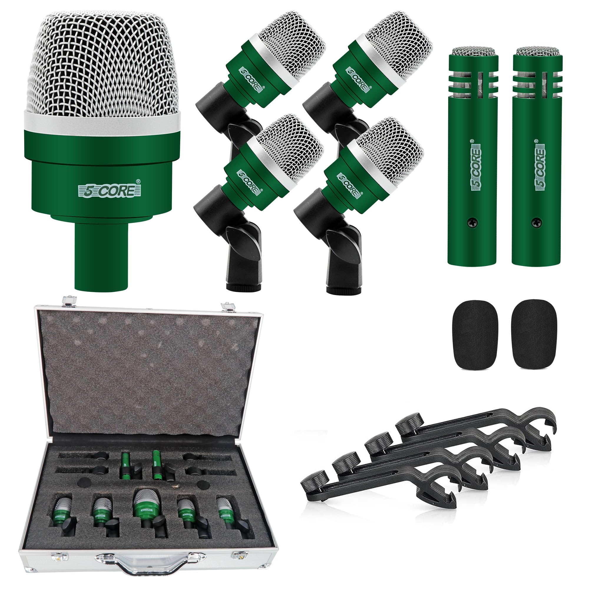 5 CORE Professional 7-Piece Drum Microphone Kit - Metal XLR Dynamic Vocal Mic for Kick, Bass, Tom, Snare & Cymbals - Perfect for Live Performances, Studio Recording & Conga Instrument Setup (DM 7ACC, Green)