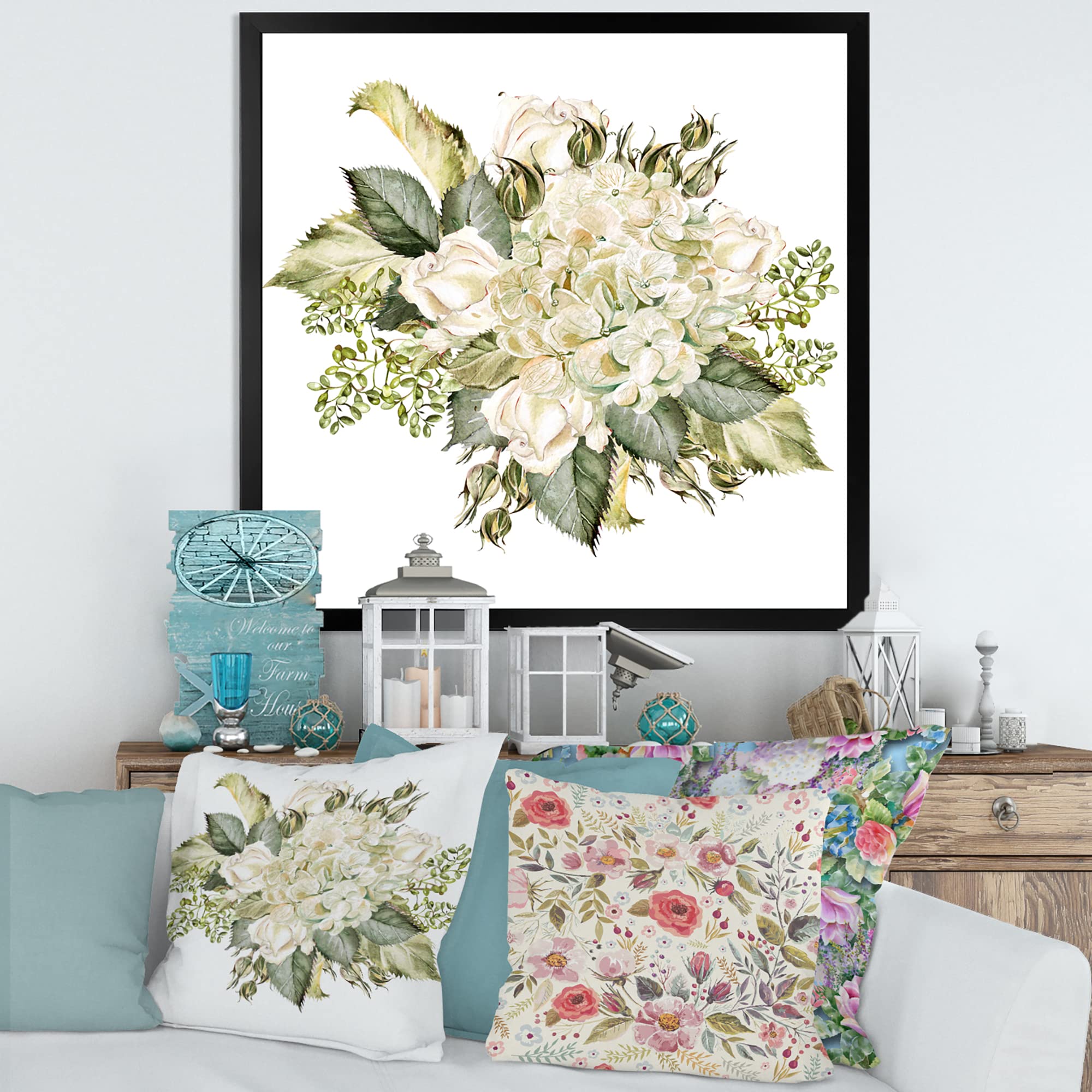 Farmhouse Framed Wall Art - Beautiful Bouquet with Hydrangea and Roses Floral Print | Perfect for Living Room, Bedroom & Home Decor