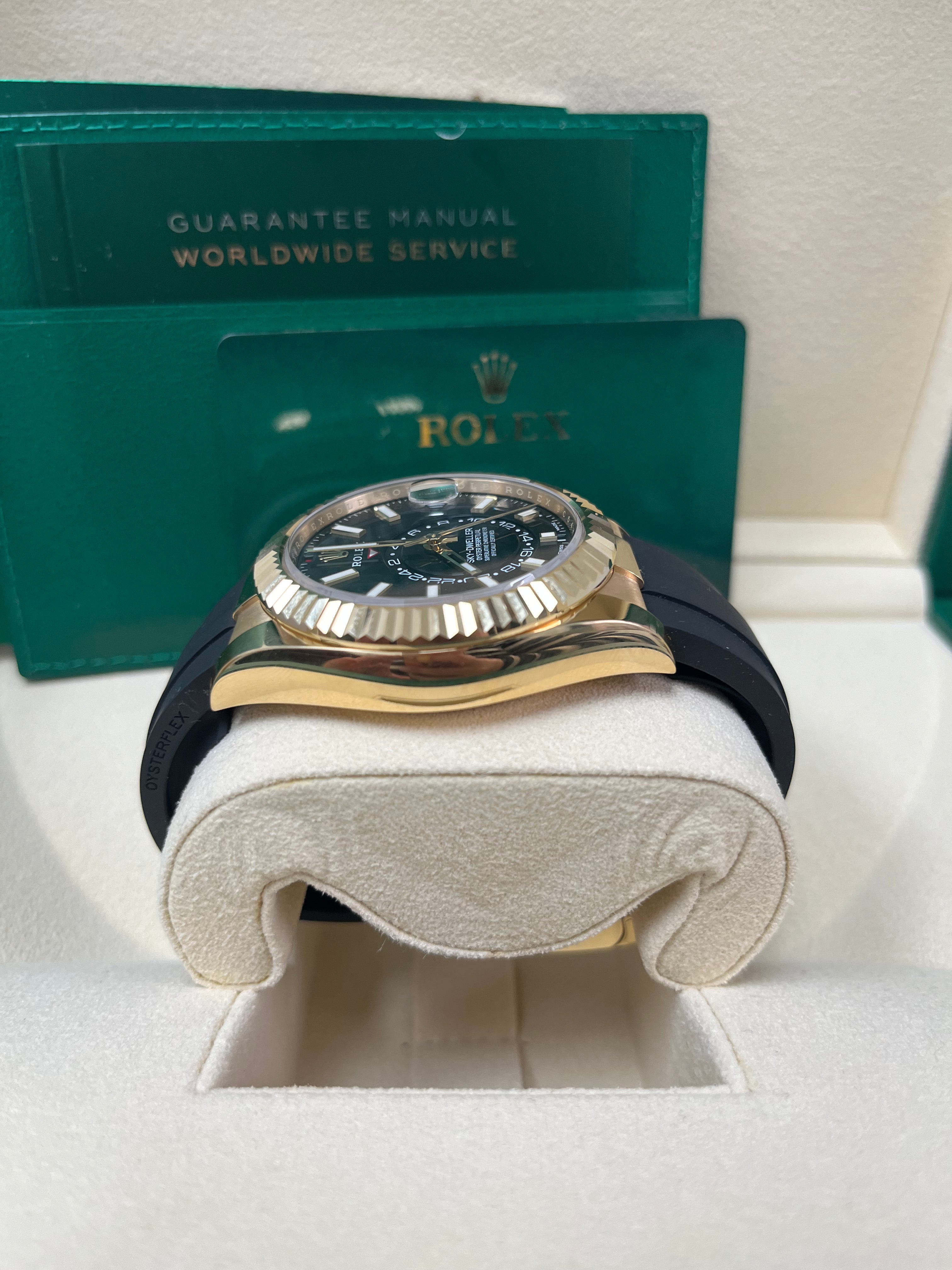 Rolex Sky-Dweller 18K Yellow Gold Watch with Black Index Dial & Oysterflex Bracelet (Ref# 326238) - Luxury Timepiece for Business Travelers & Watch Collectors
