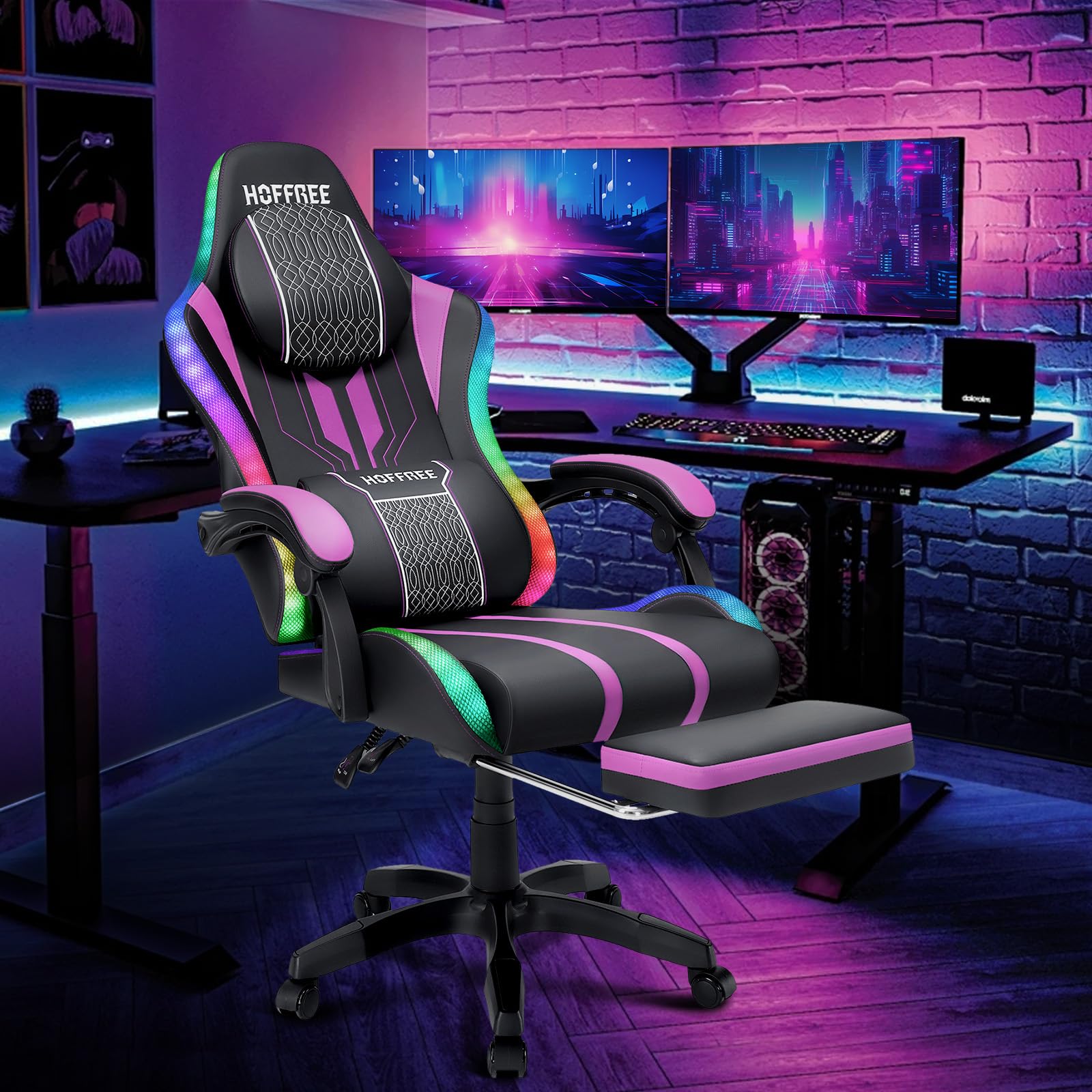 HOFFREE LED Gaming Chair with Massage & Speakers - Big and Tall Ergonomic Video Game Chair for Adults, 400lbs Capacity, Reclining High Back Office Computer Desk Chair with Footrest - Purple & Black - Perfect for Gaming, Streaming, and Home Office Workspace